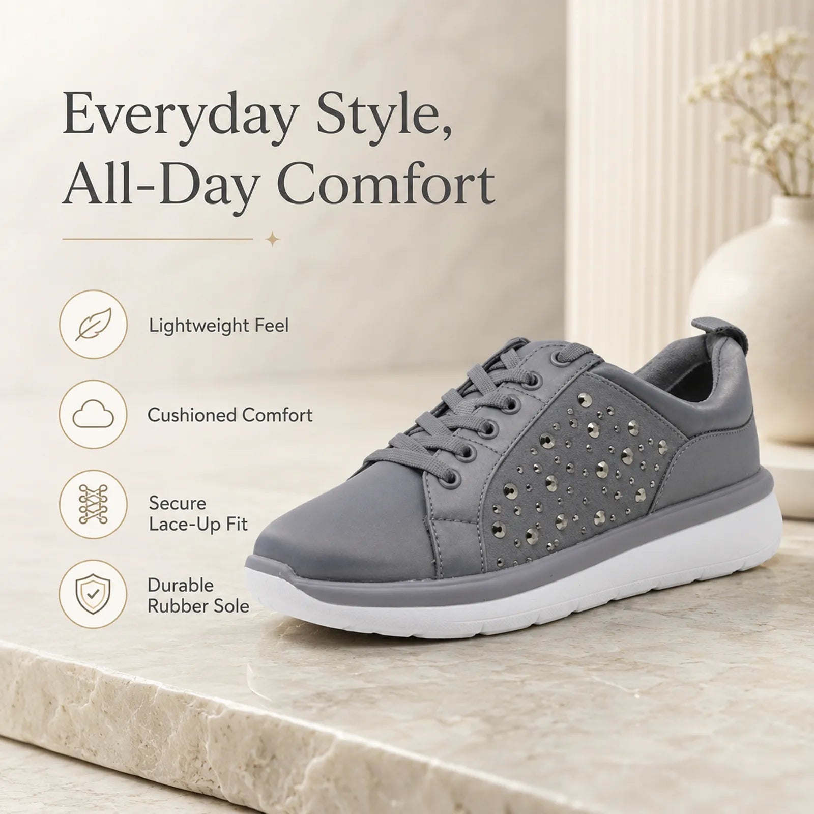 Women’s lace-up sneakers with crystal-studded toe and metallic gray upper, white sole