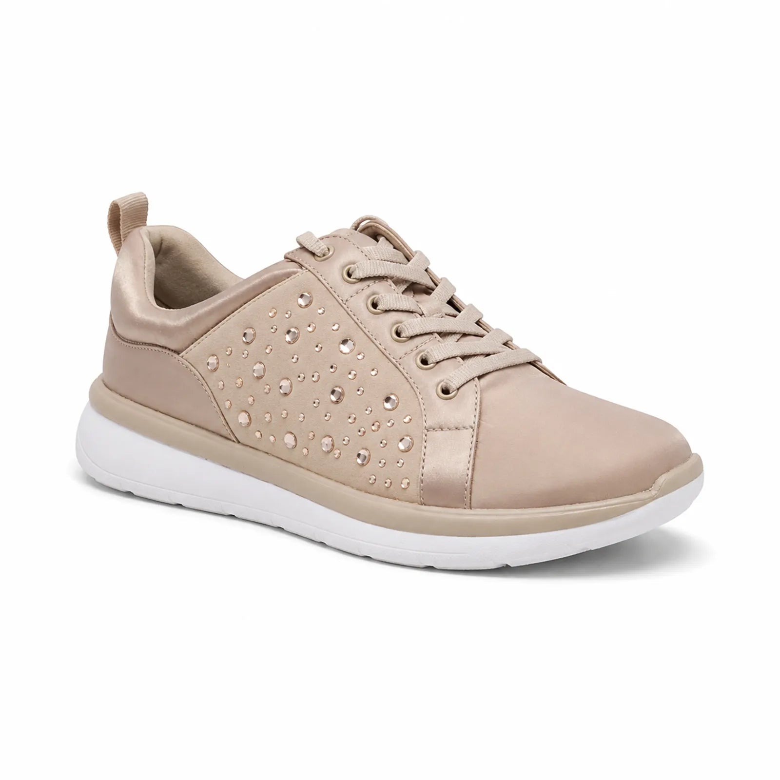Taupe metallic women's sneakers with rhinestone-style studded panel and lace-up front.