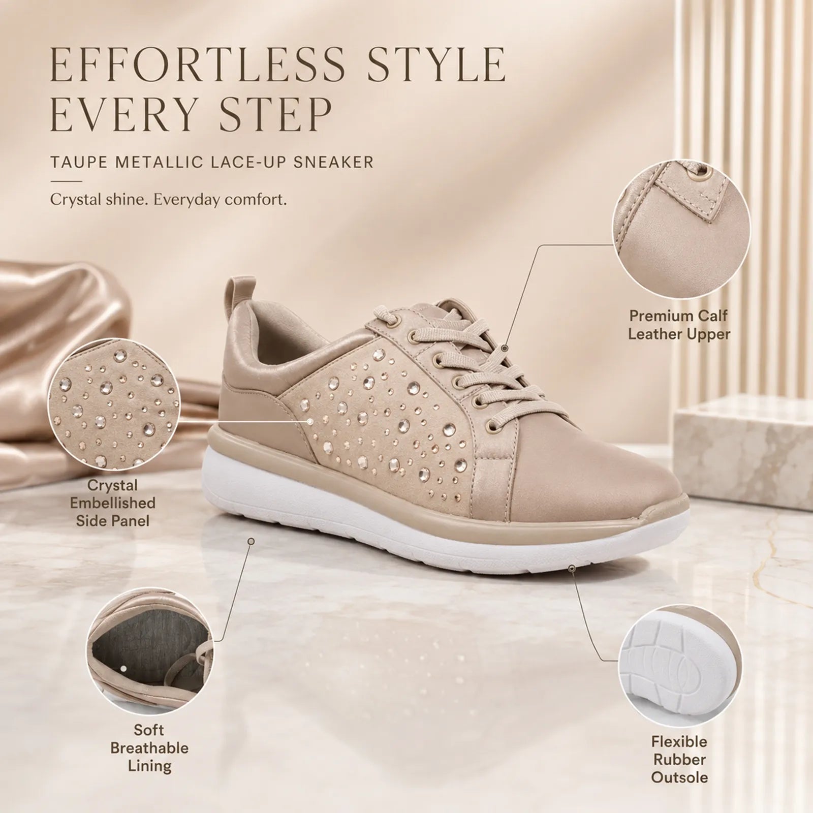 Taupe metallic lace-up sneaker with crystal-like studded design and white rubber sole.