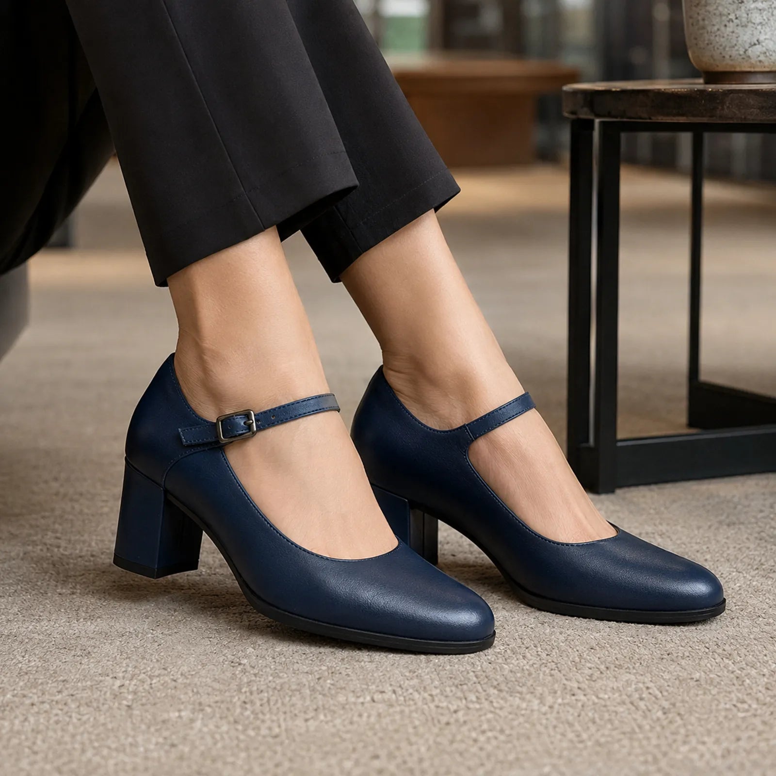 Dark blue leather Mary Jane heeled sandals with buckle strap and block heel