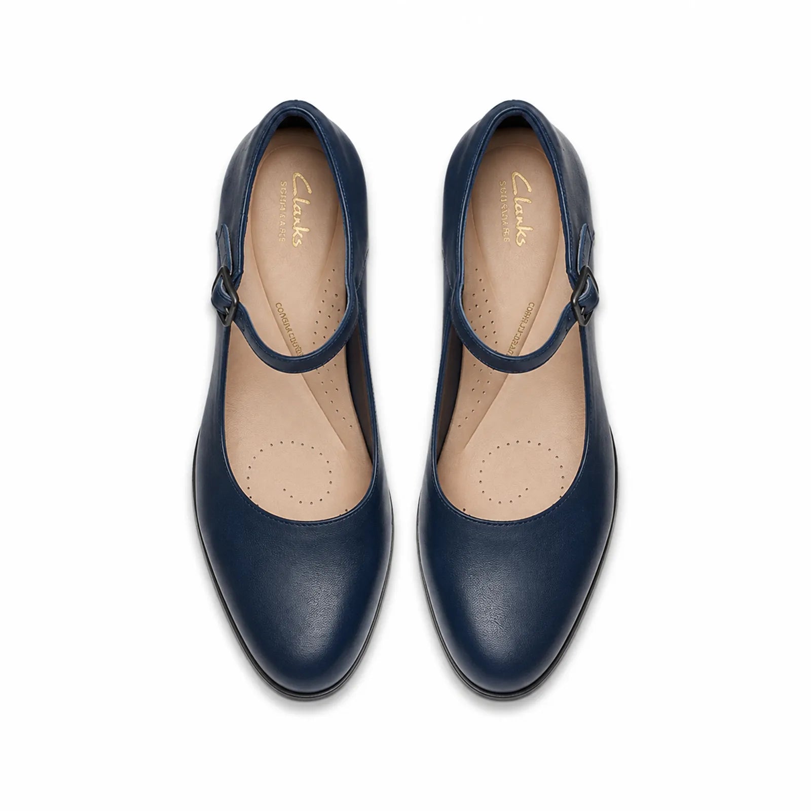 Dark blue leather Mary Jane heel shoes with buckle strap, closed round toe pair