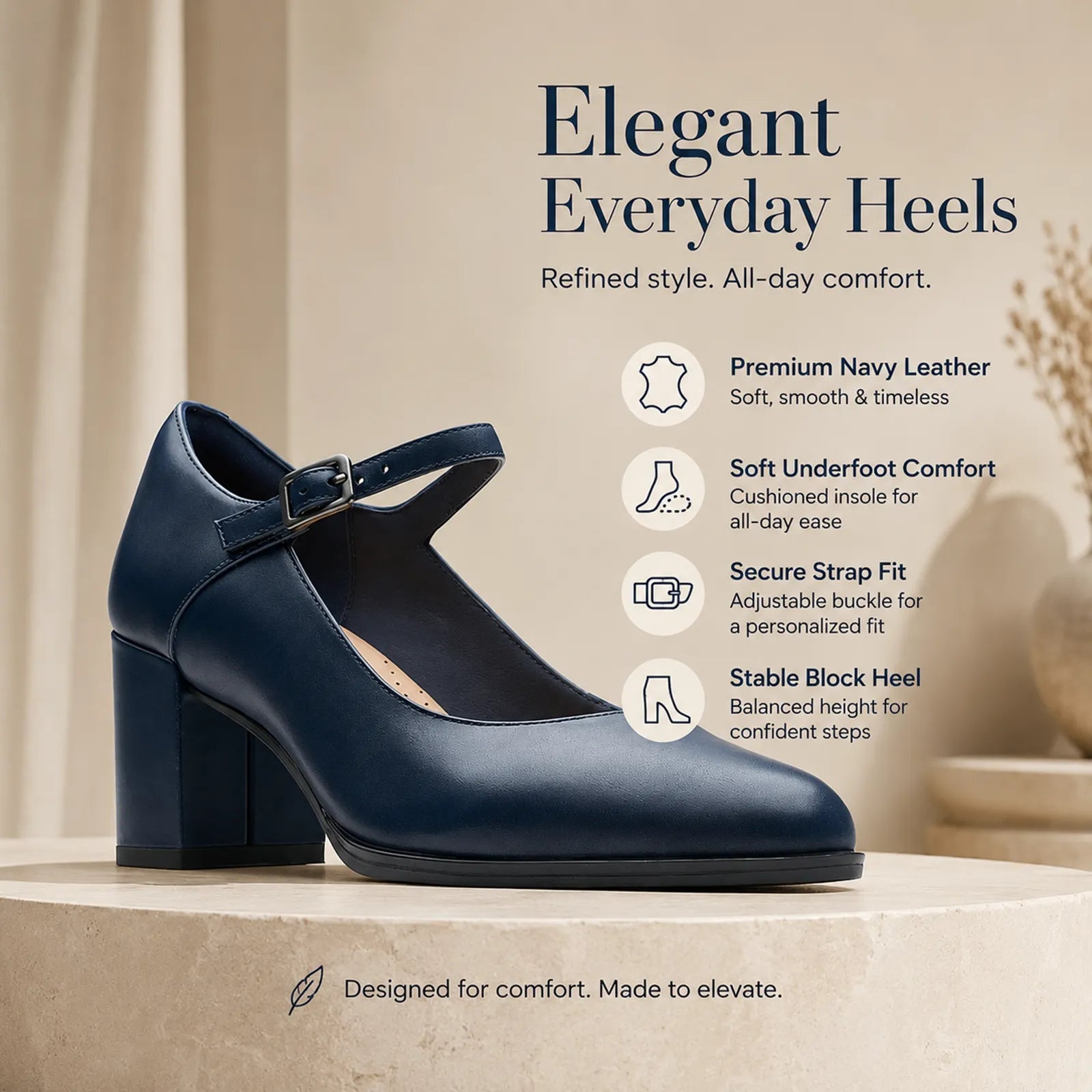 Dark blue leather heeled women's sandal with ankle strap and buckle
