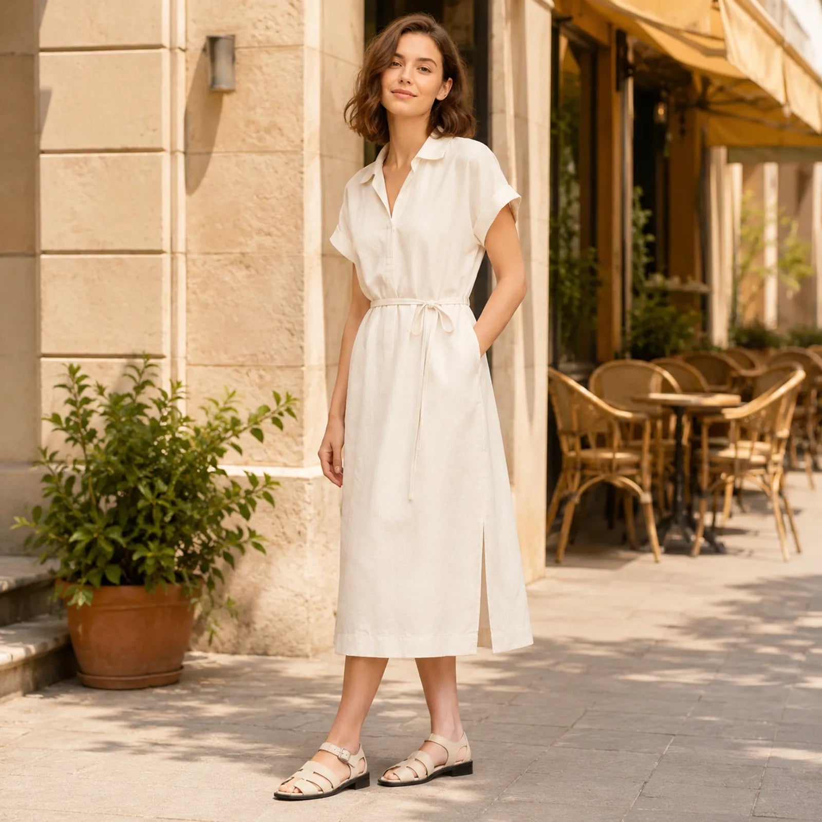 Beige leather sandals with ankle buckle on a model