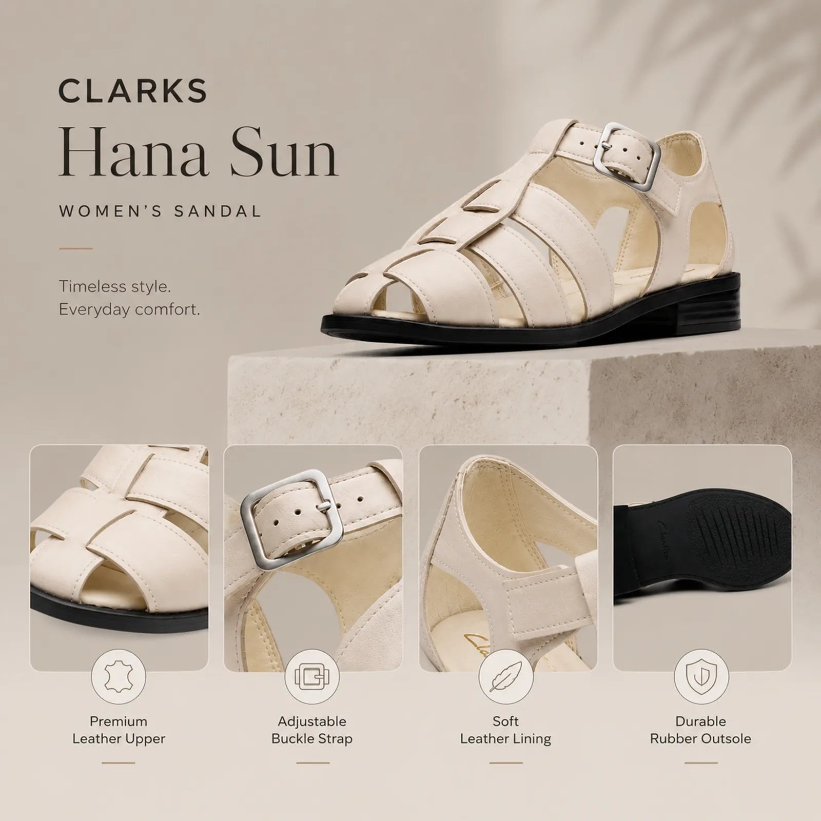 Beige leather Hana Sun women's sandals with adjustable ankle strap