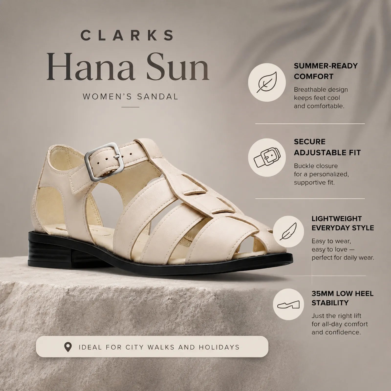 Beige leather women's sandal with adjustable buckle straps and low stack heel