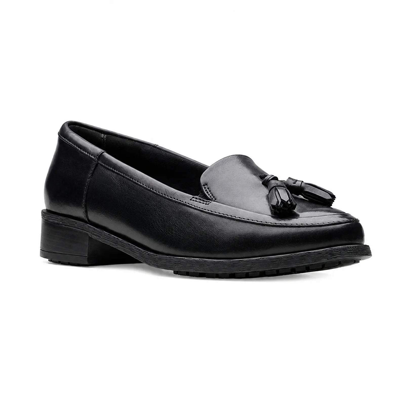 Black leather women's loafers with tassel detail and low block heel, angled
