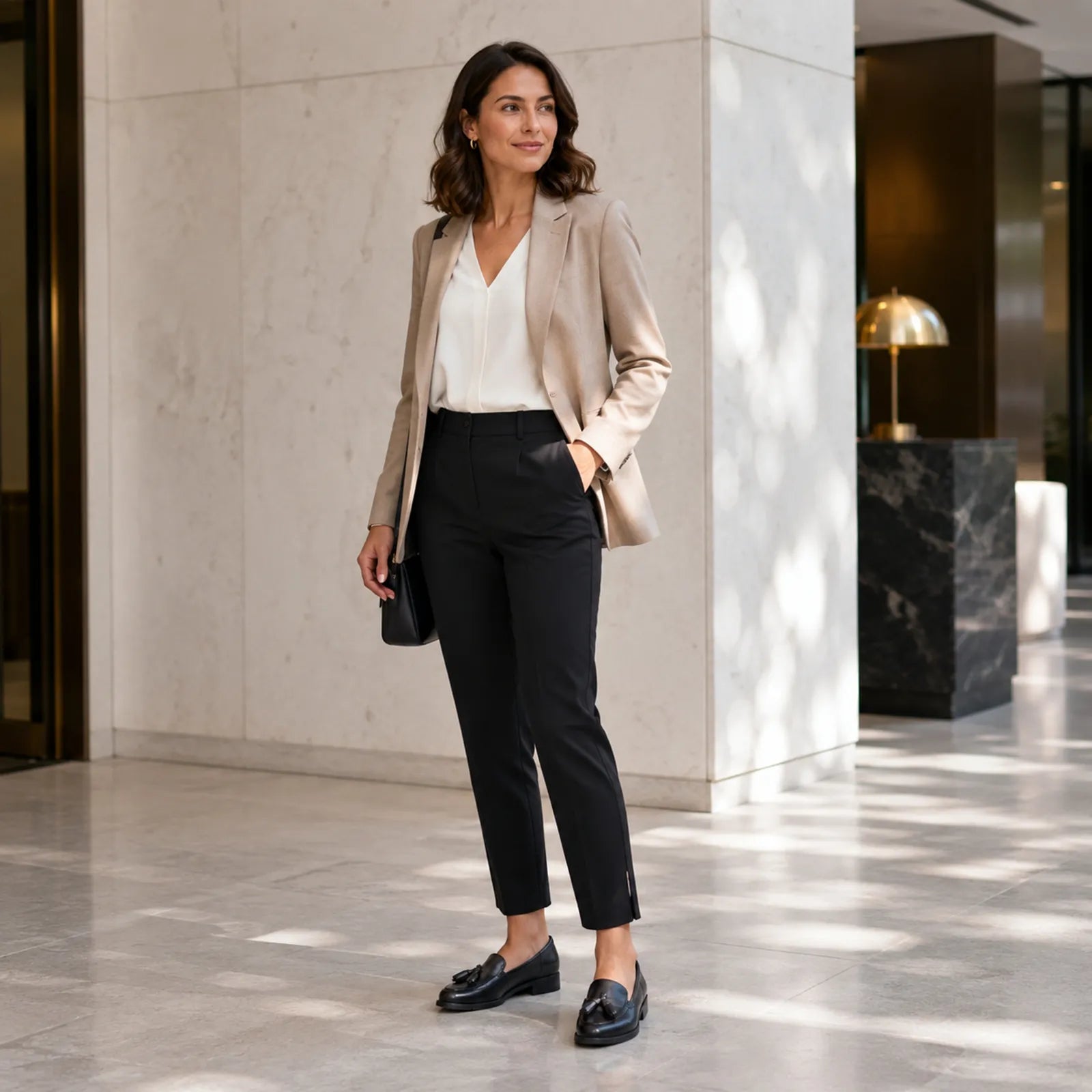 Black leather loafers with tassel detail worn with black trousers