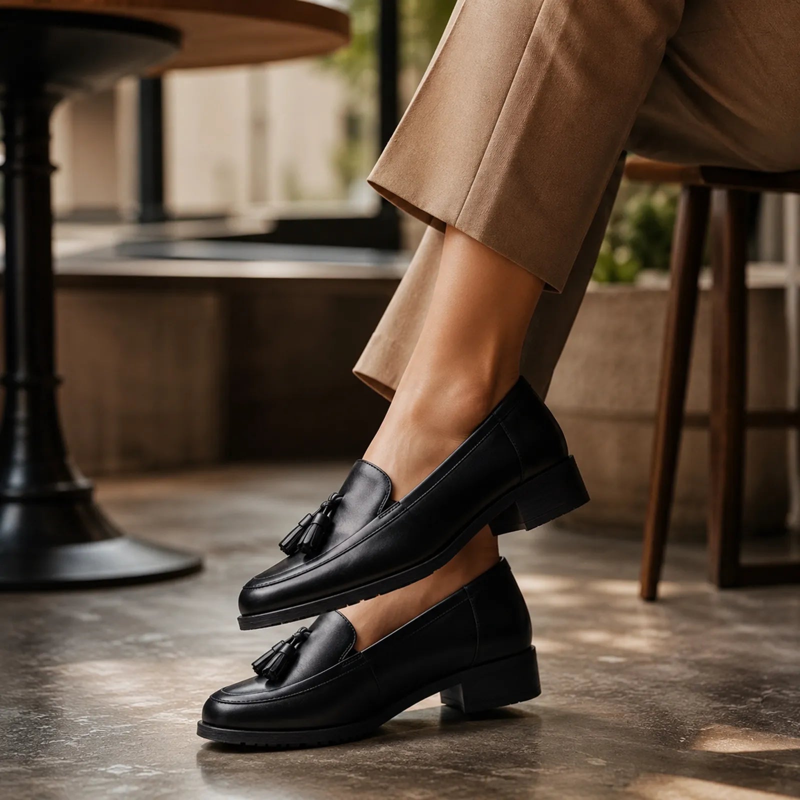 Black leather loafers with tassel detail and low block heel on feet