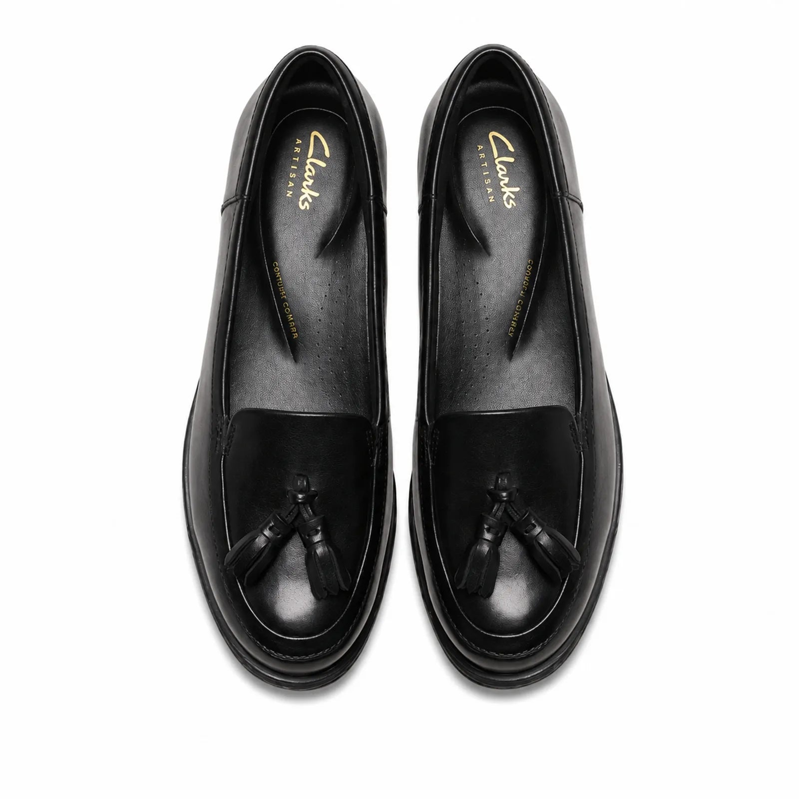 Black leather women's loafers with tassel detail on toe, pair front view