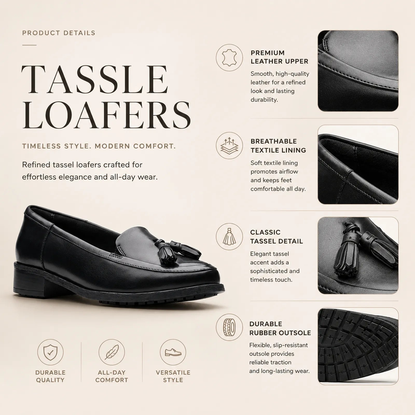 Black leather tassel loafers with rubber outsole detail, product graphic