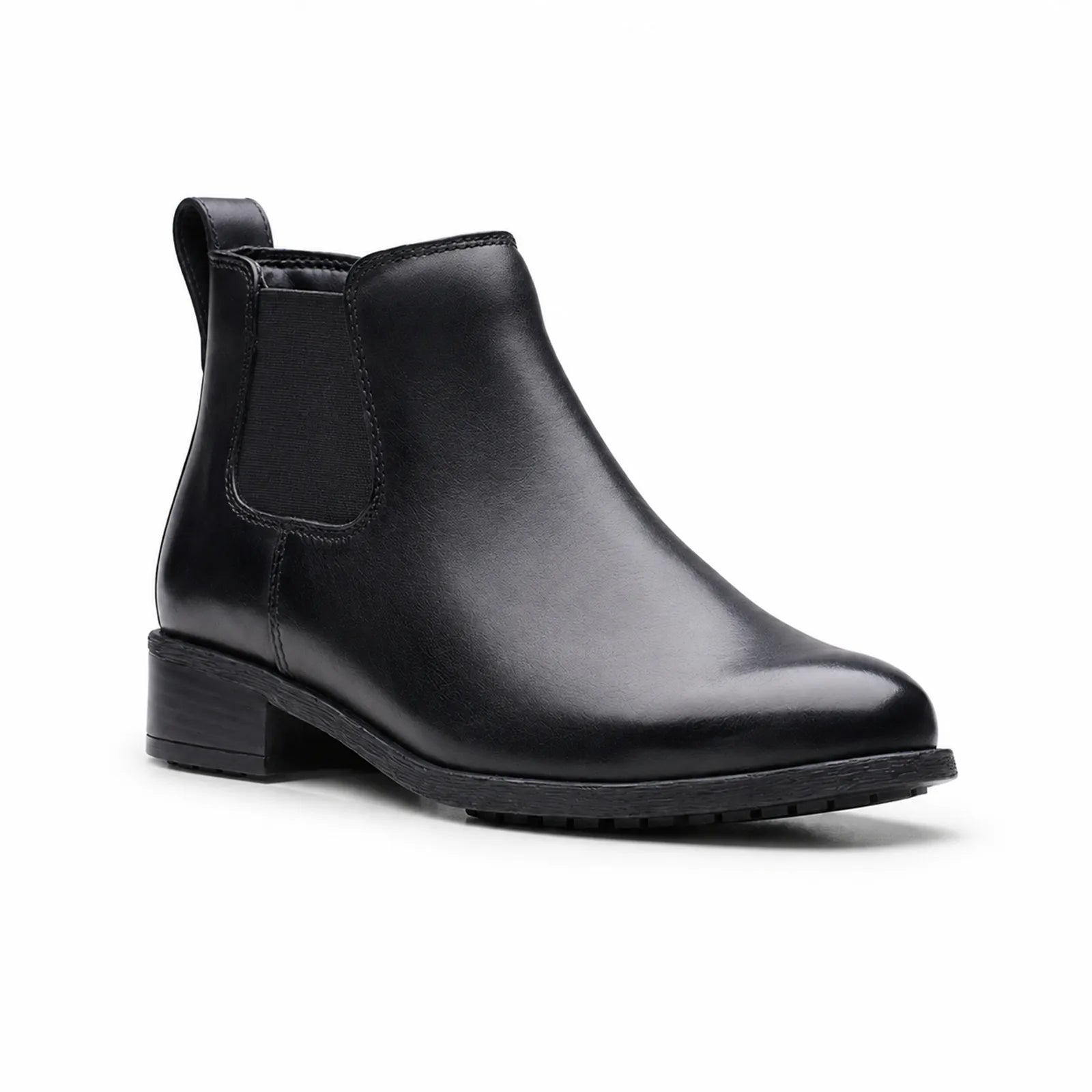 Women's black leather Chelsea boots with elastic side panel and low block heel