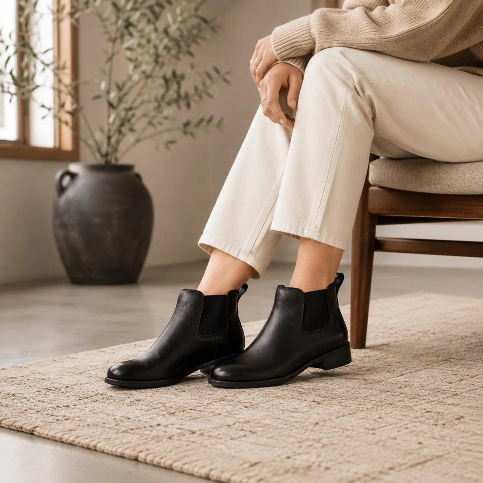 Women's black leather Chelsea boots, pull-on with elastic side panels and block heel