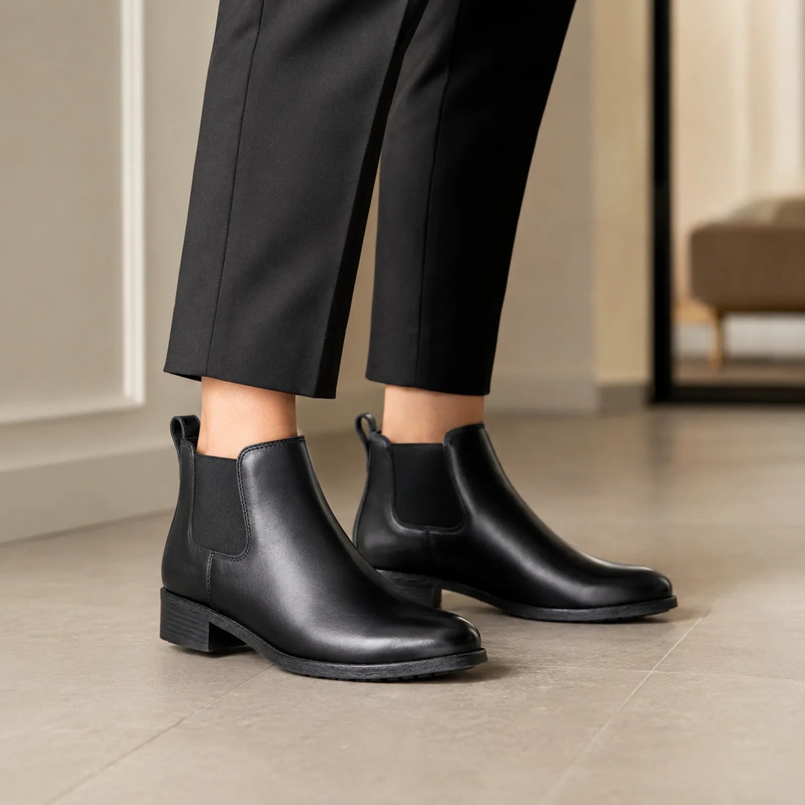 Women’s black leather Chelsea boots with elastic side panels and low block heel
