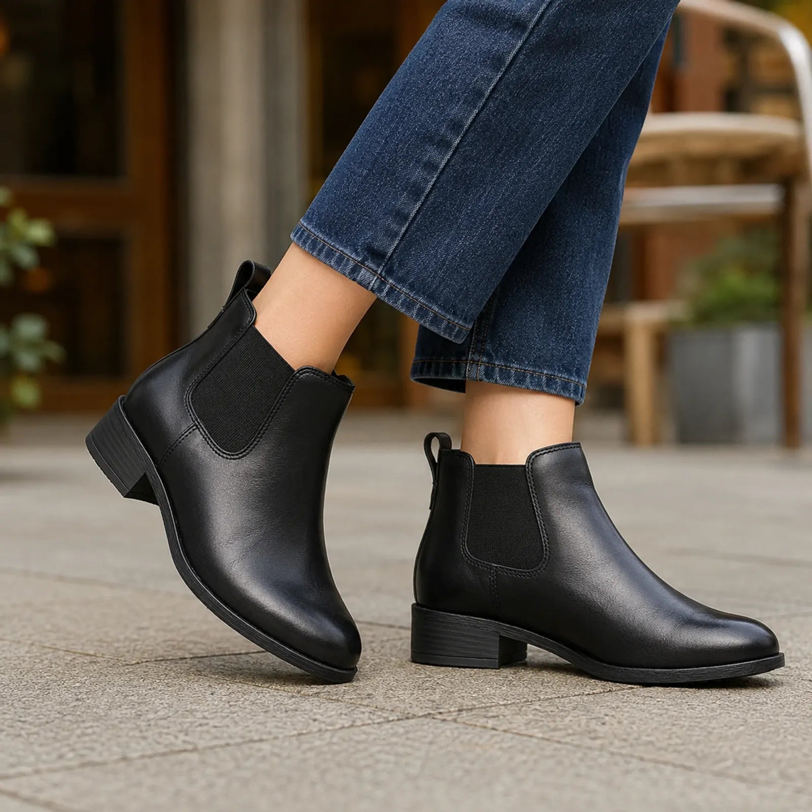 Women's black leather Chelsea boots with elastic gore and short block heel