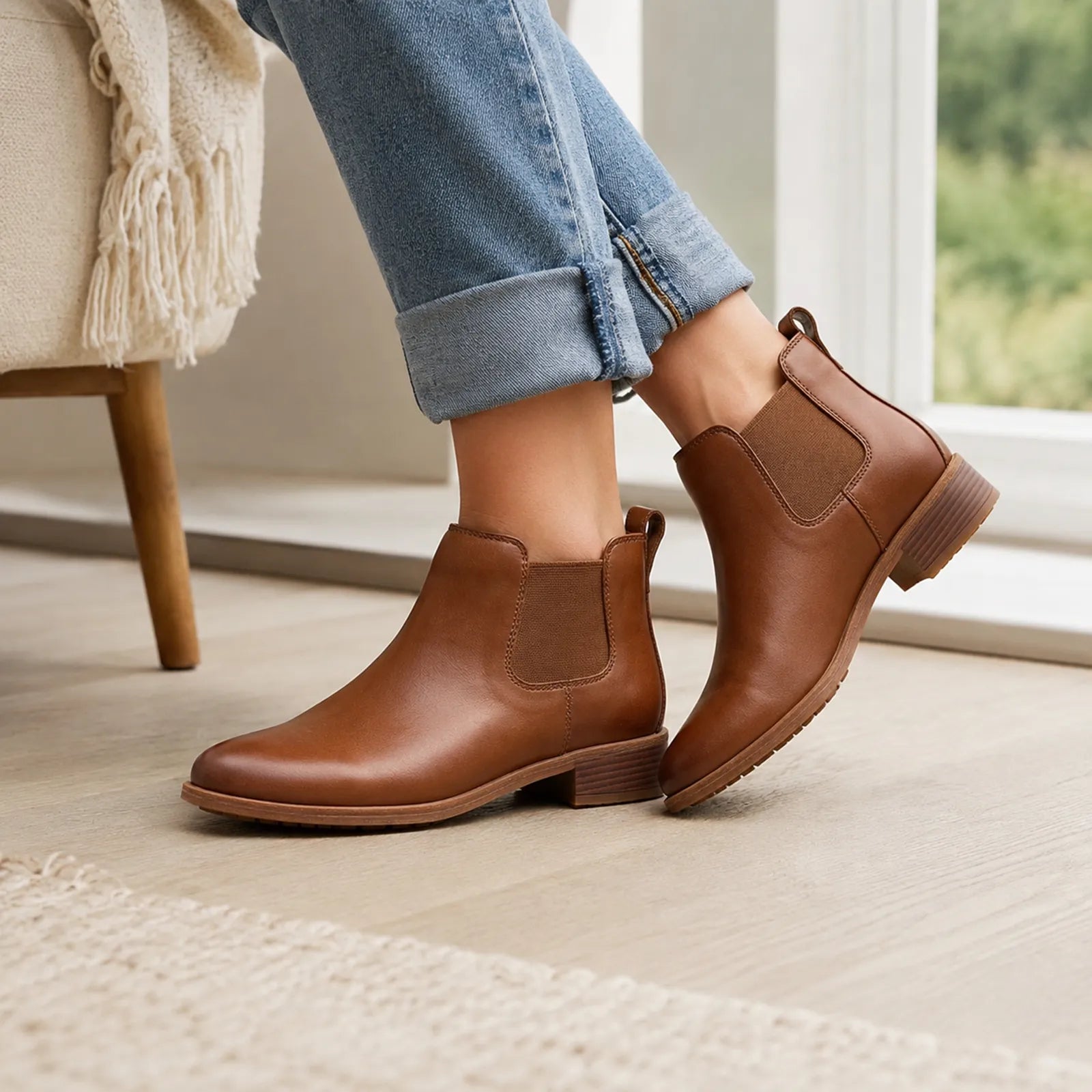Women's brown leather Chelsea boots with elastic gore and low block heel