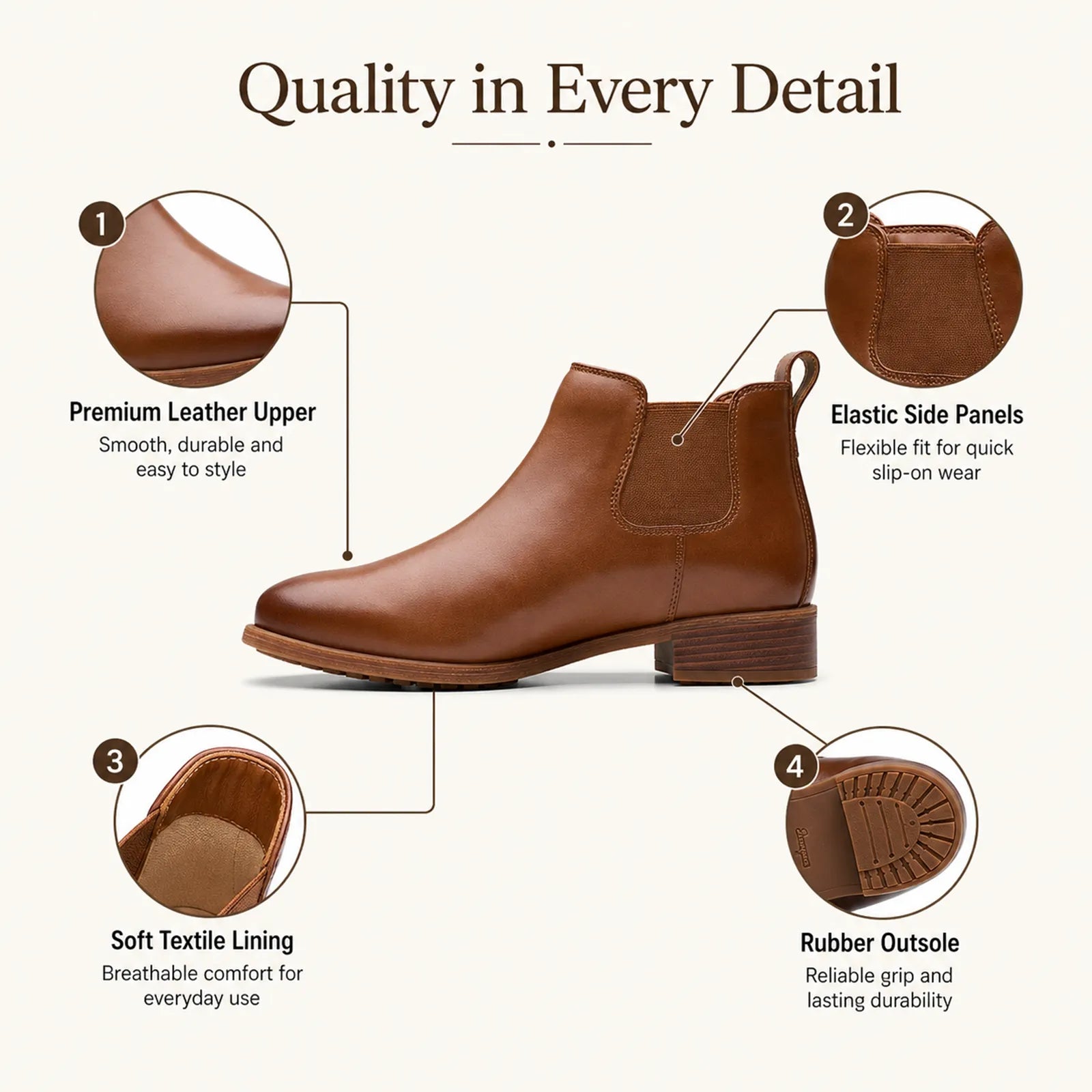 Women's brown leather Chelsea boot with elastic side panels and rubber outsole tread