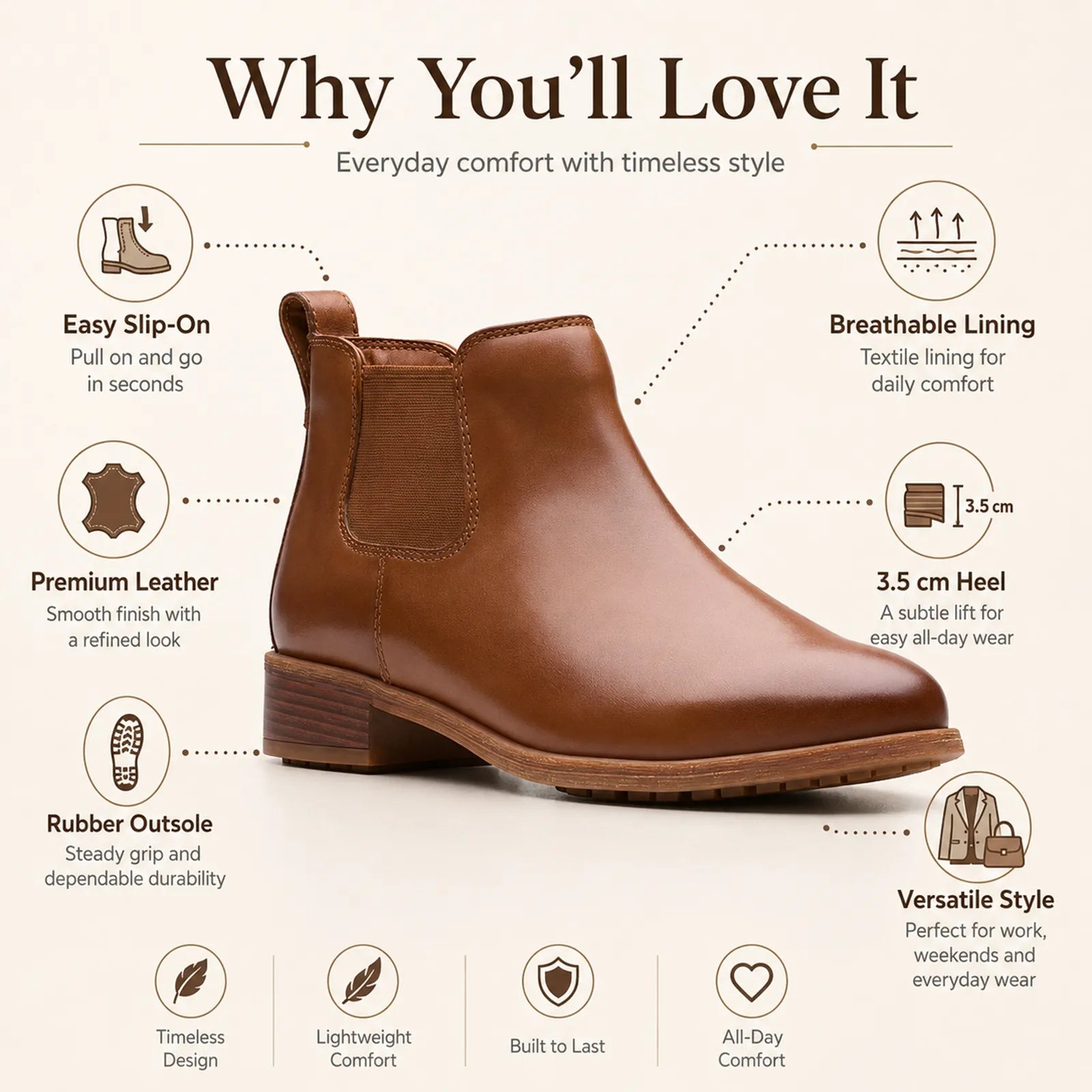 Women's brown leather Chelsea boot with elastic side panels and rubber outsole