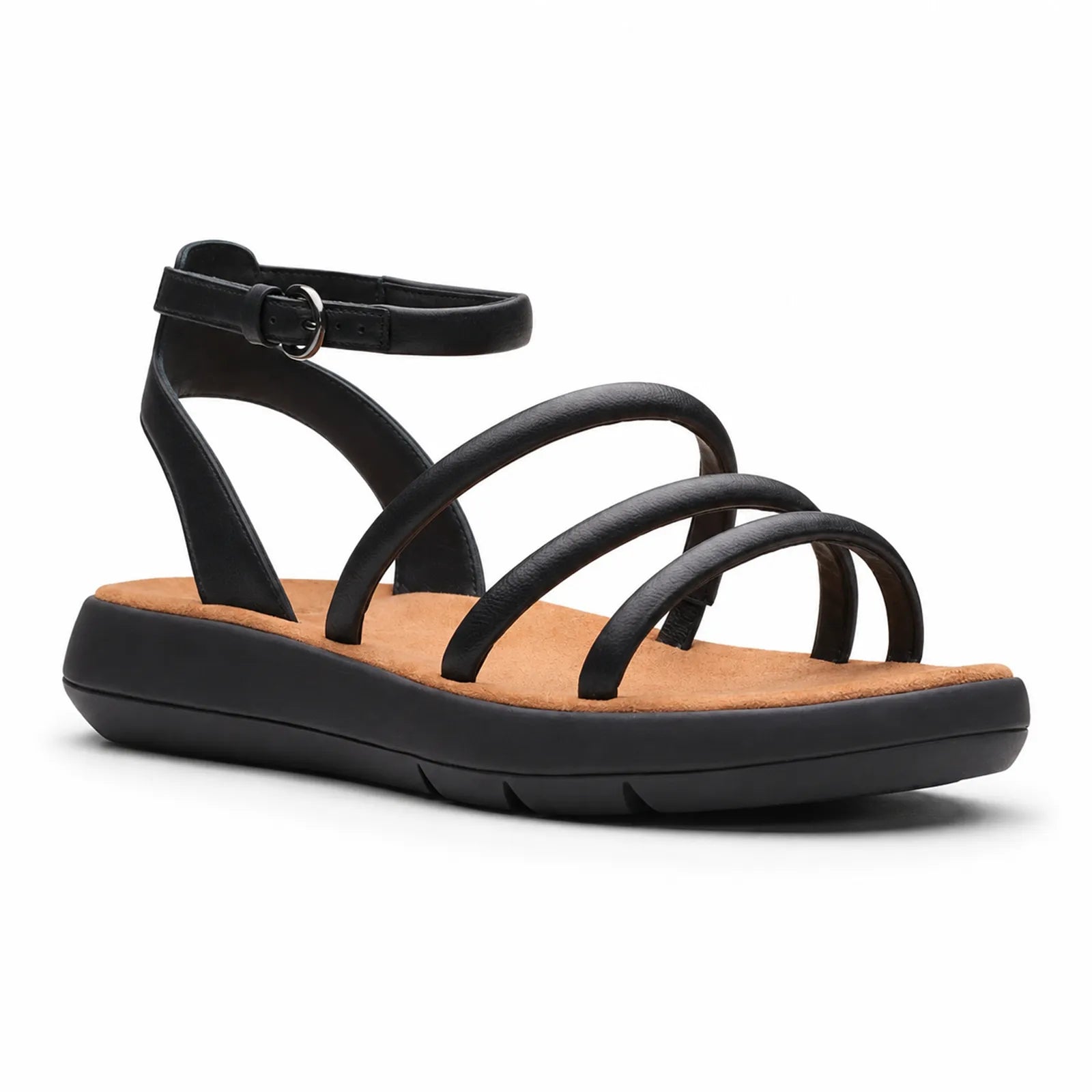 Black women's strappy sandals with ankle buckle and cushioned platform sole.