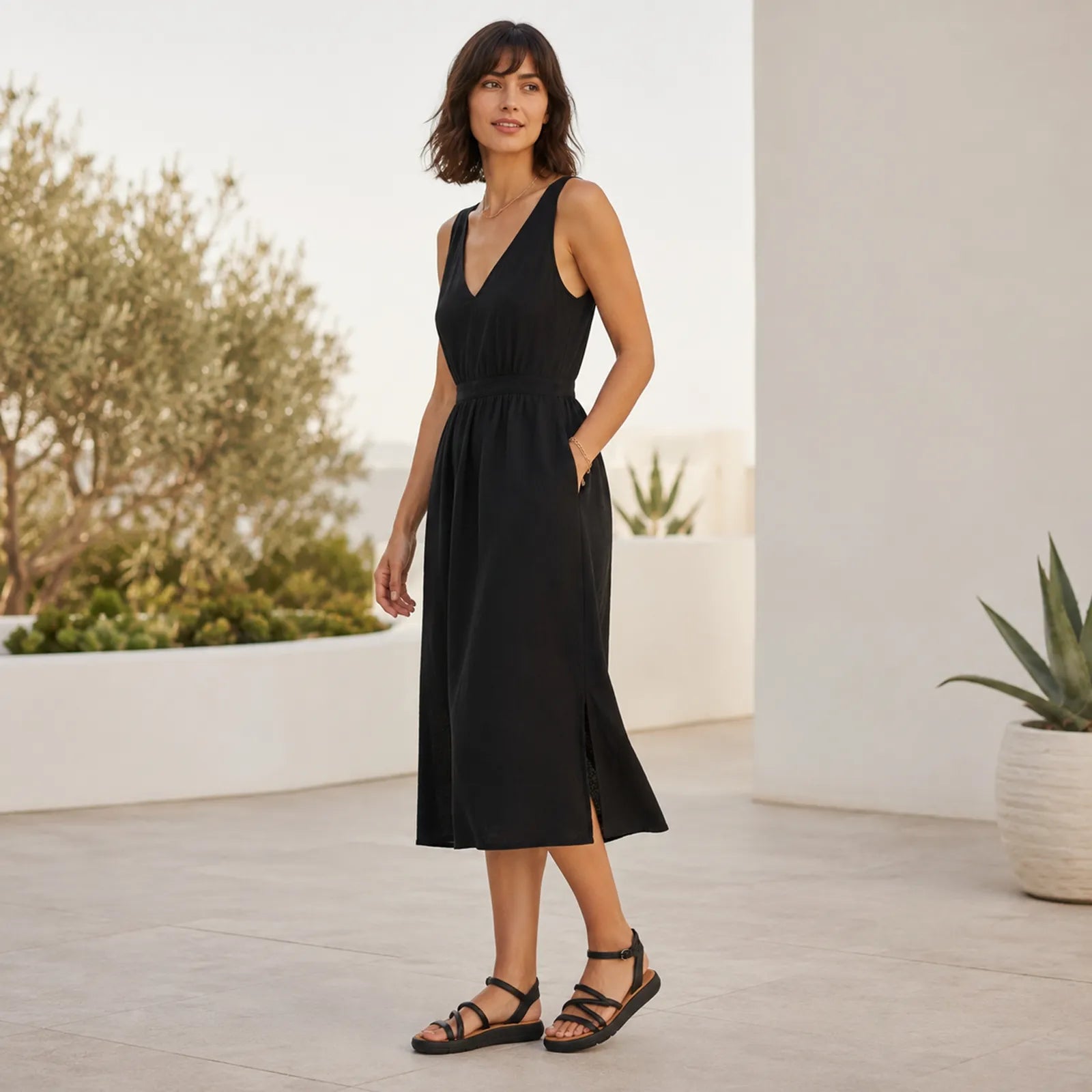 Black women's platform sandals with crisscross straps and ankle buckle.