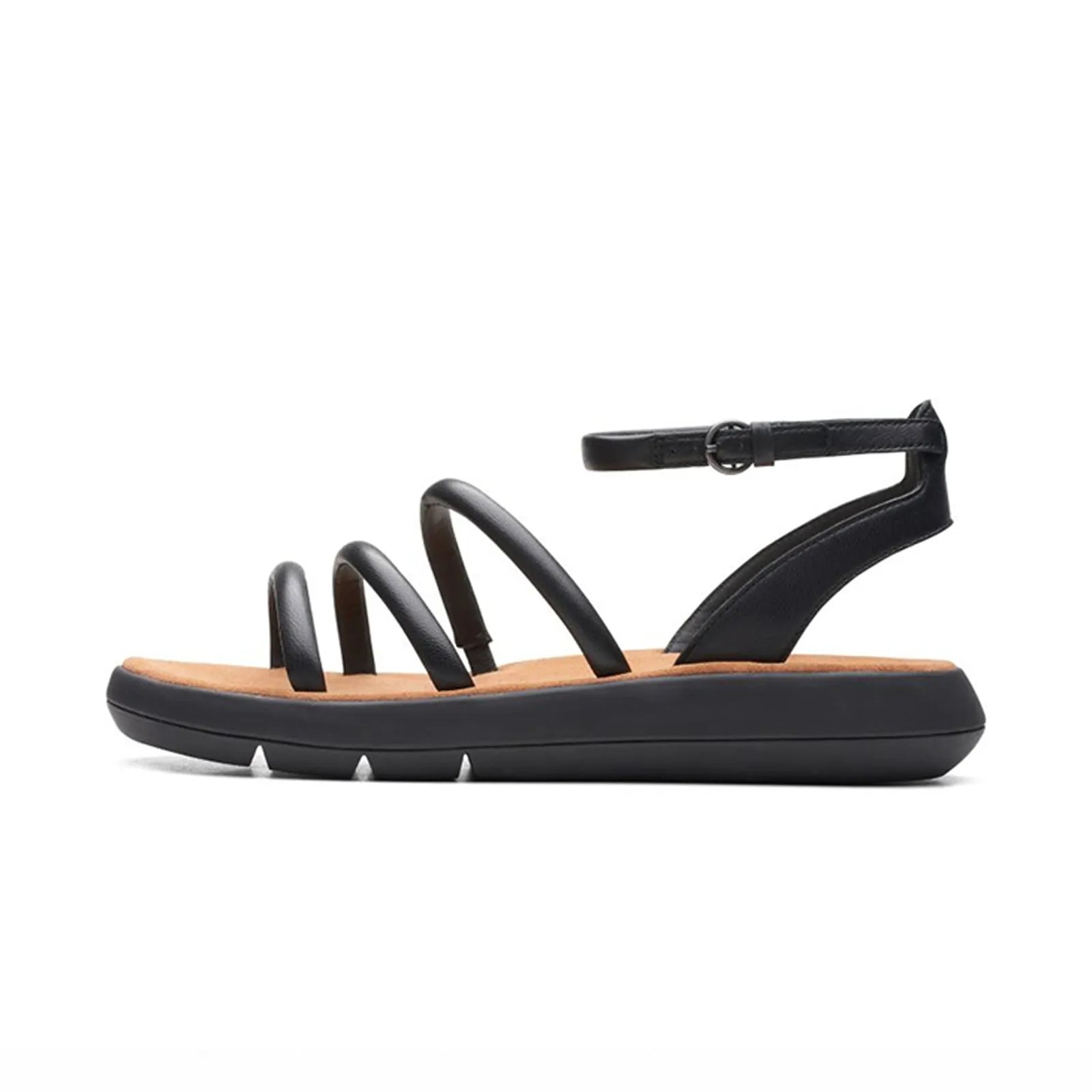 Black women's sandals with wide straps, ankle buckle, and platform outsole.
