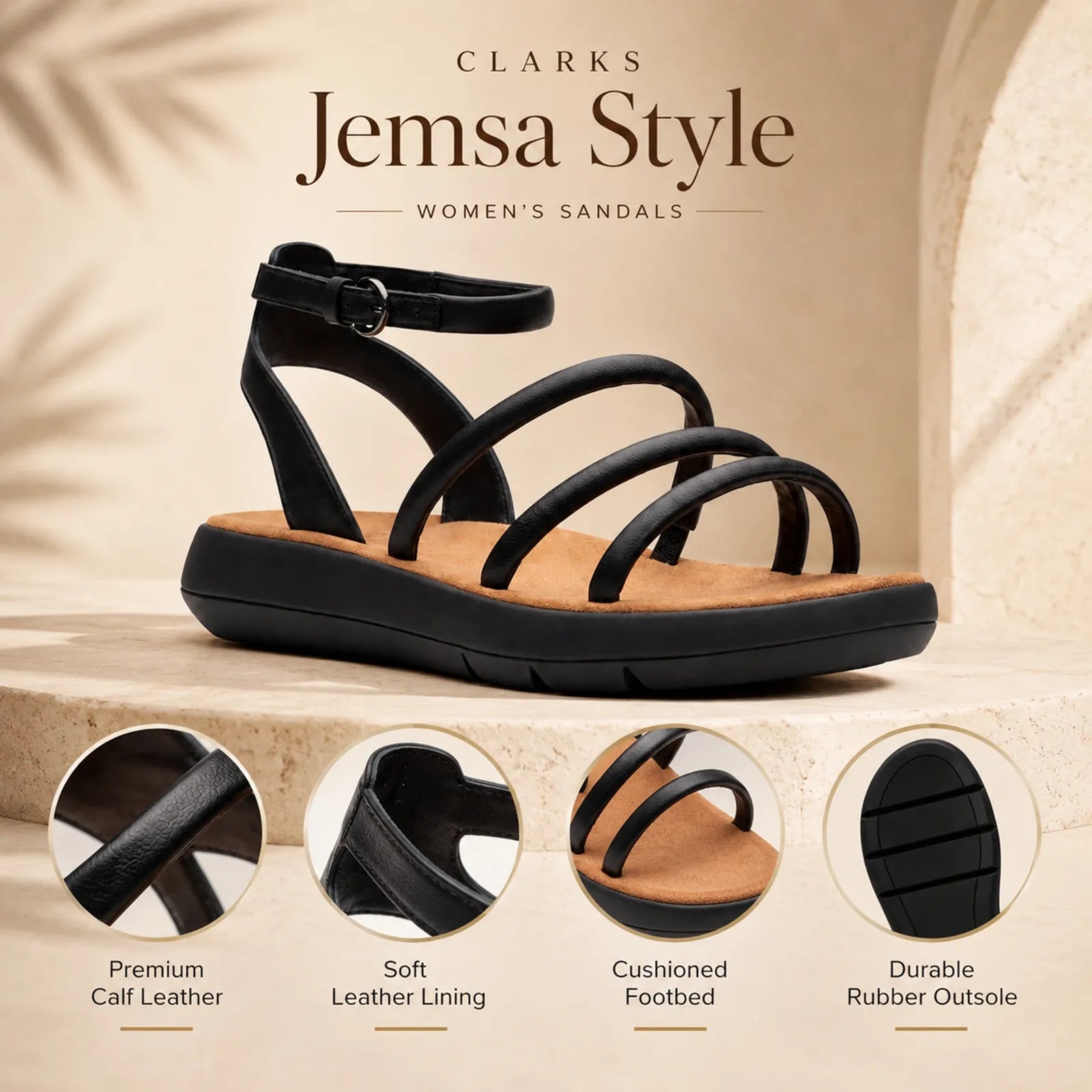 Black women's sandals with crisscross straps, ankle buckle, and cushioned sole.