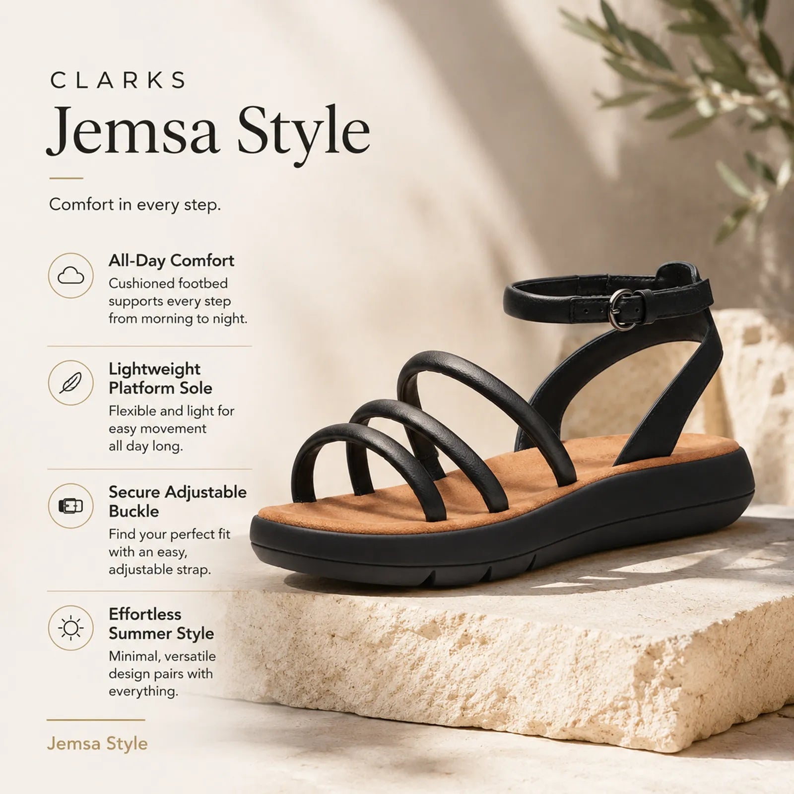 Black women's strappy sandals with adjustable buckle strap and platform sole.