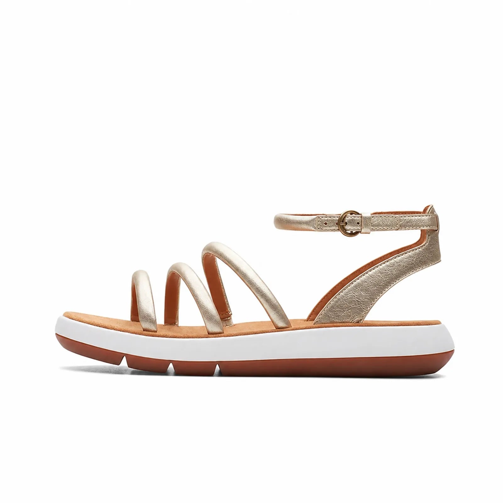 Light beige women's sandals with ankle buckle, cross straps, and white outsole.