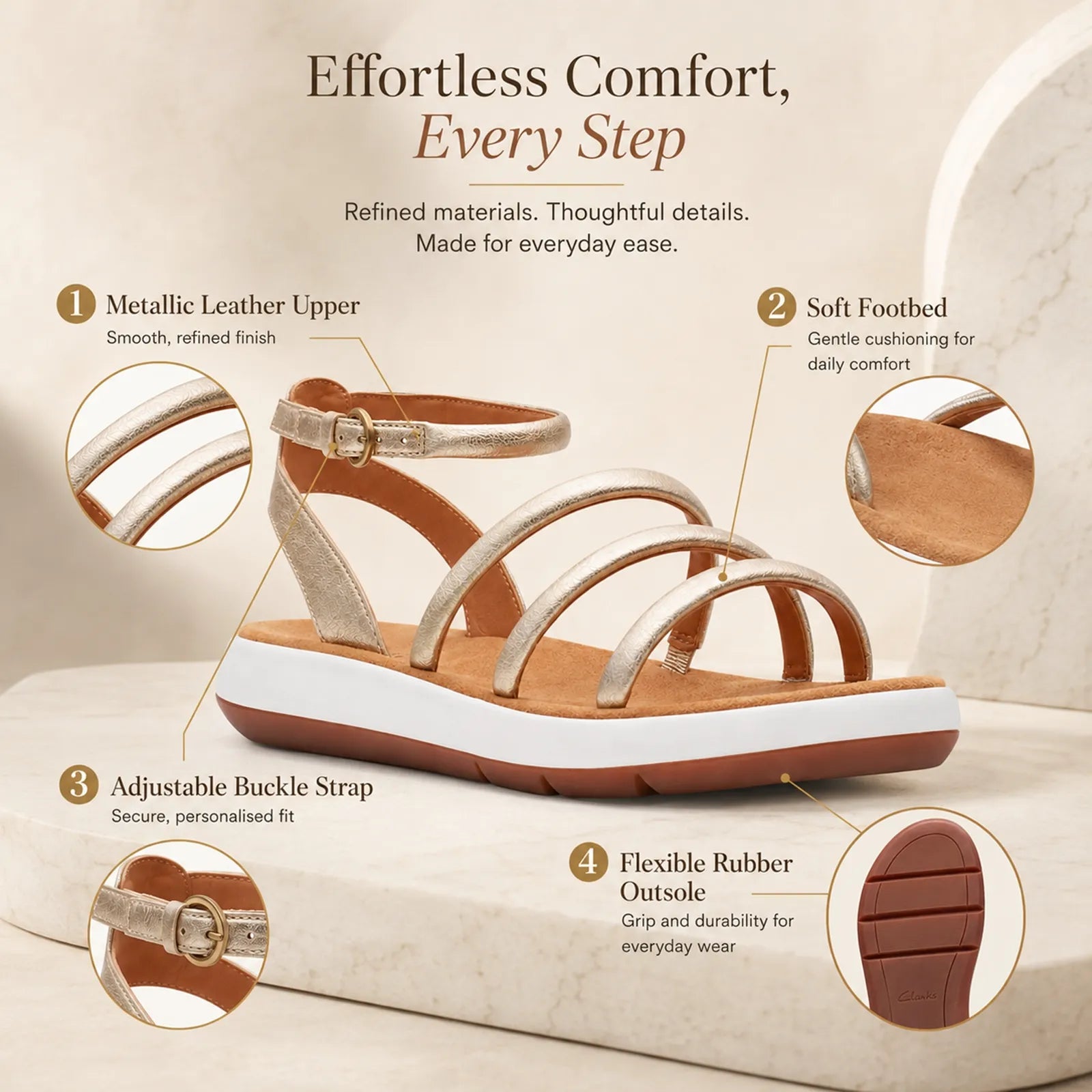 Women's metallic leather thong sandals with ankle buckle strap and rubber outsole