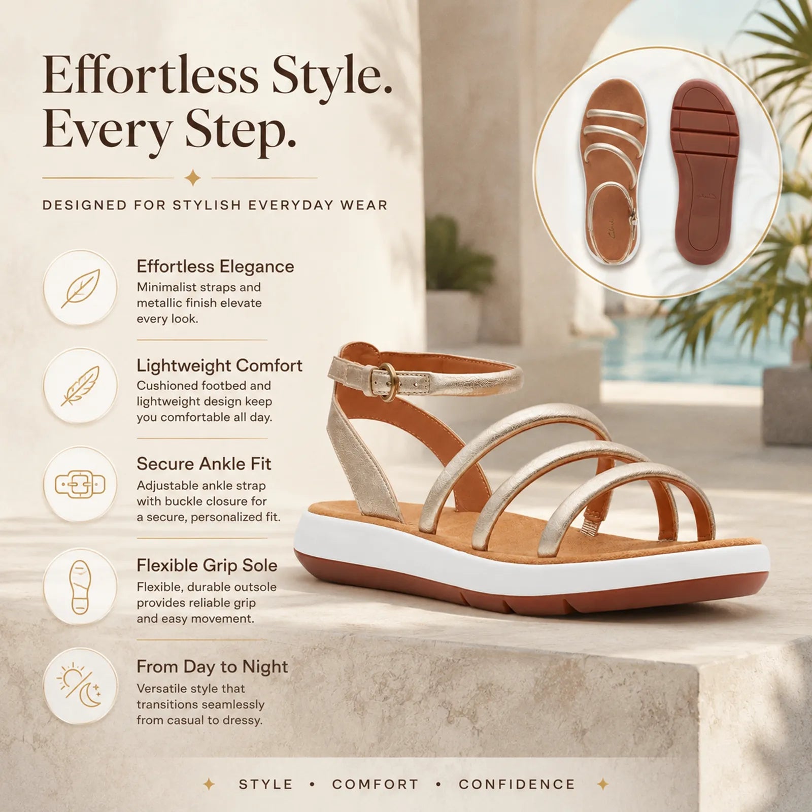 Women's gold metallic strappy sandals with adjustable ankle buckle and cushioned sole