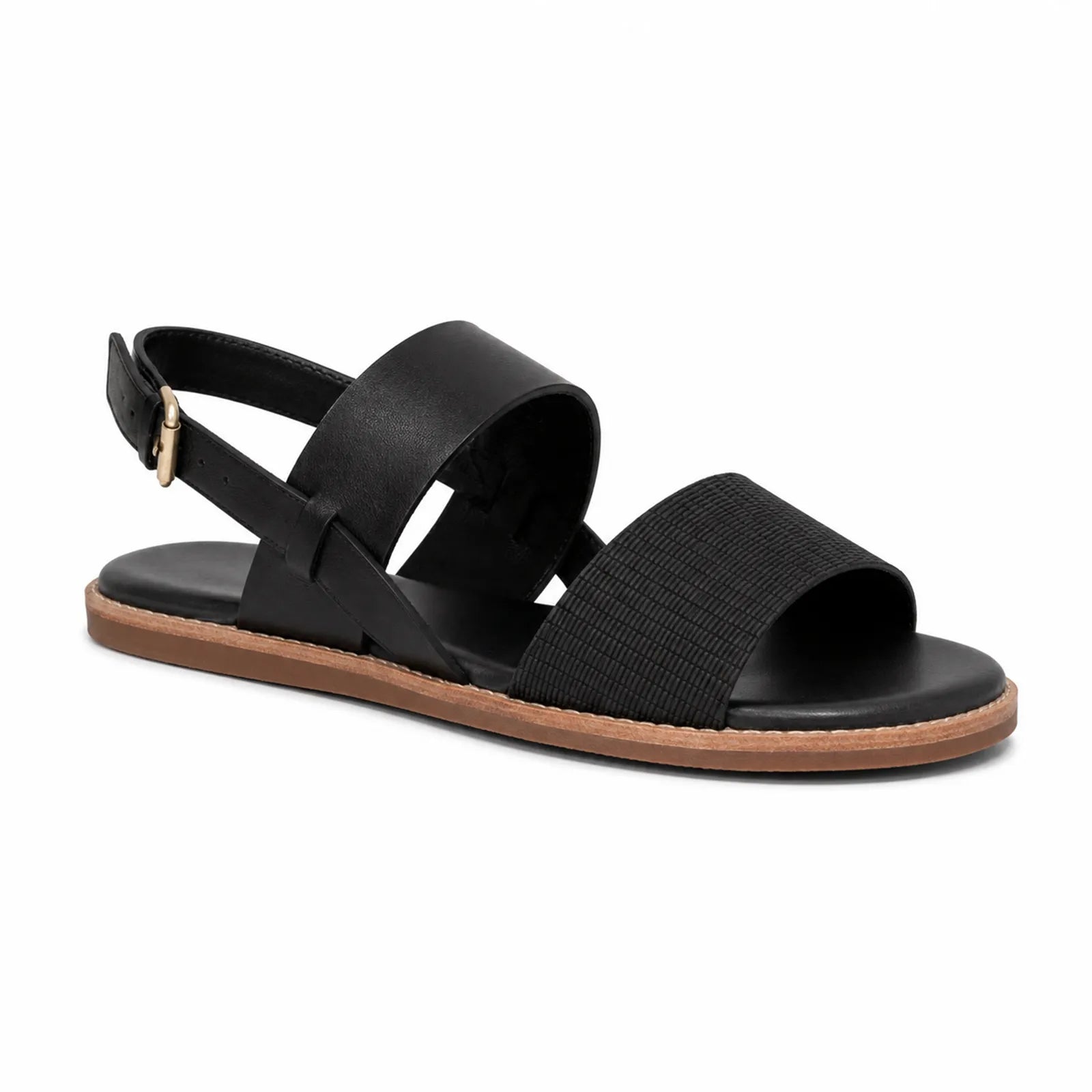 Women's black strap sandals with elastic band, adjustable buckle, open toe