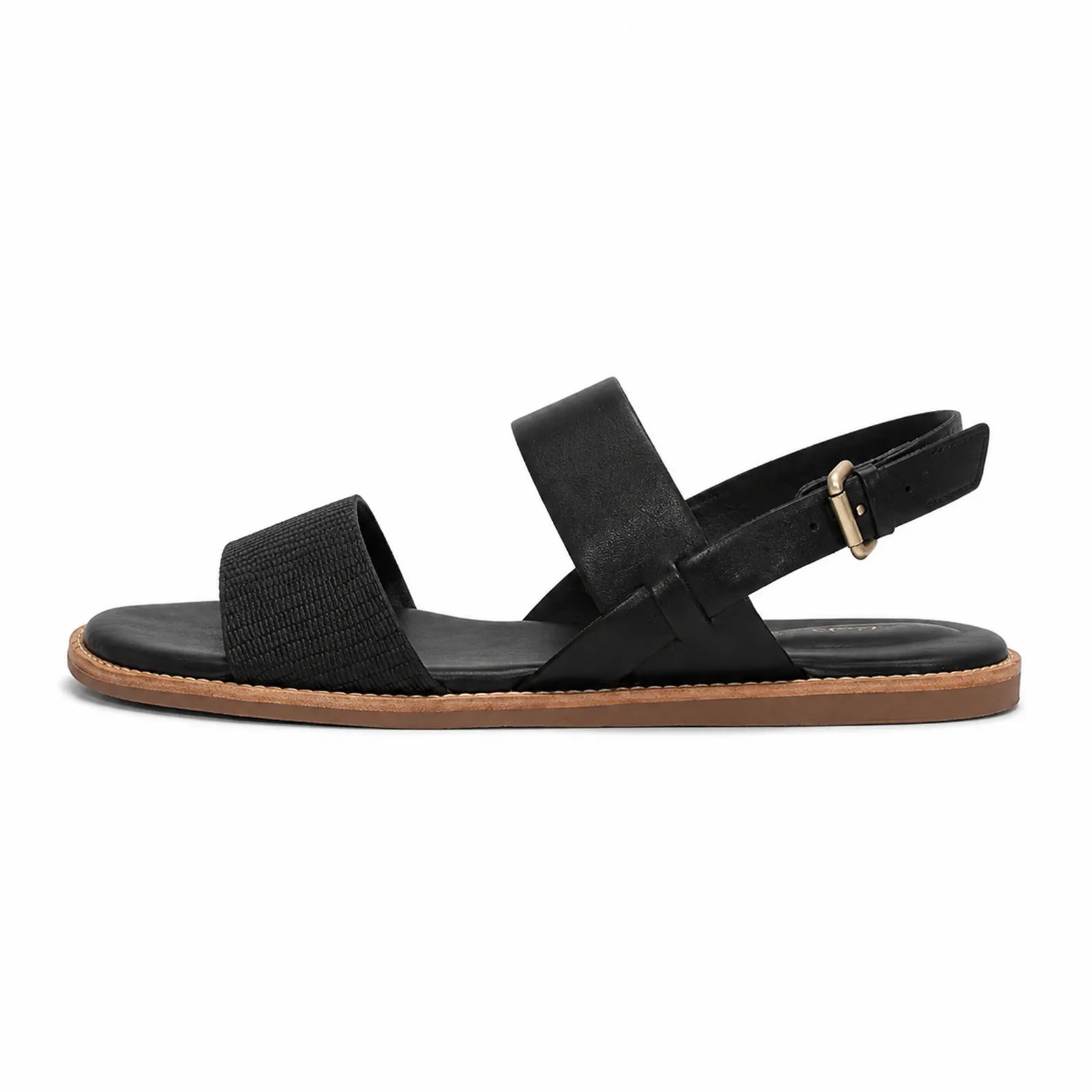 Women's black flat sandals with cross straps, elastic fit, adjustable buckle
