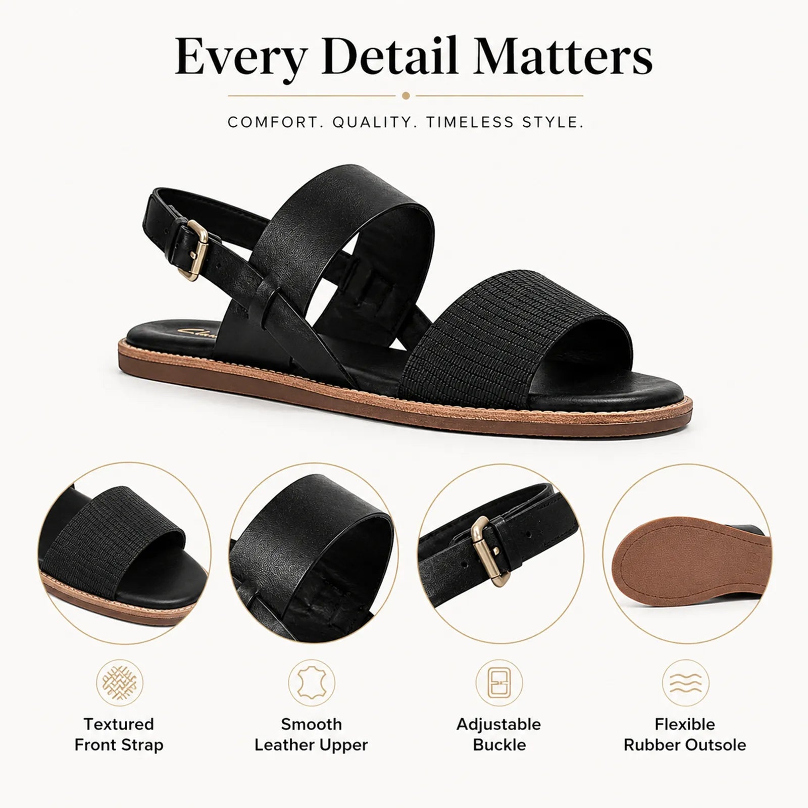 Women's black two-strap flat sandals with adjustable buckle and tan rubber sole