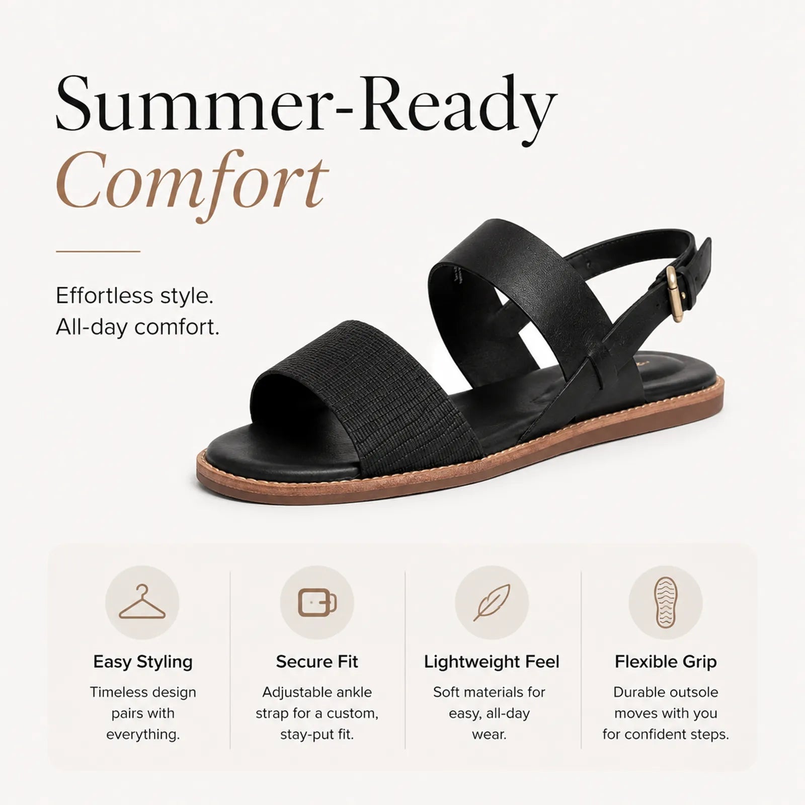 Women's black slide sandals with wide straps, adjustable buckle, and tan outsole