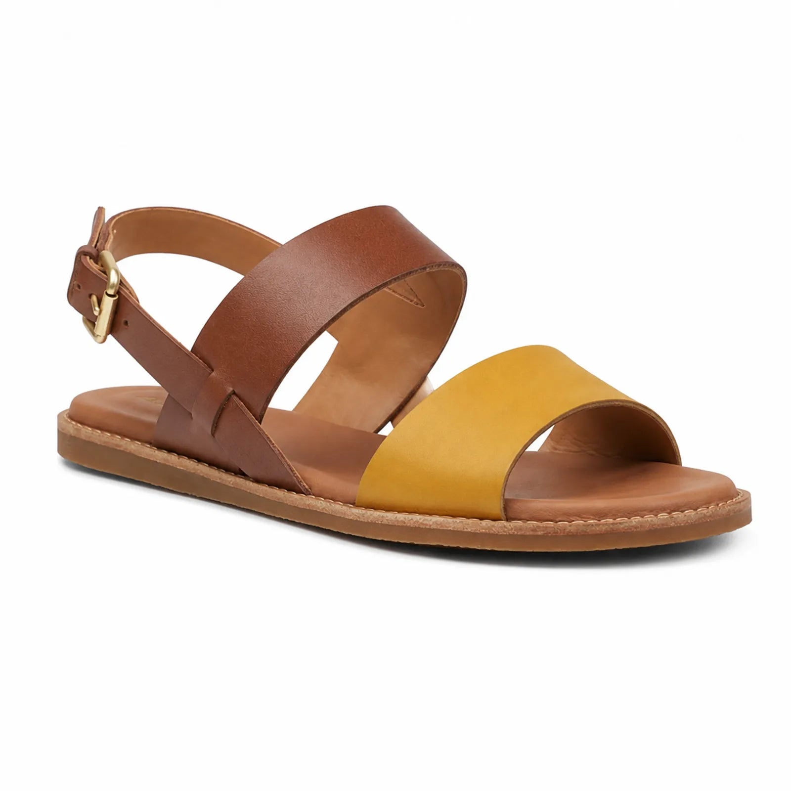 Women's brown and mustard flat sandals with crisscross straps and adjustable buckle