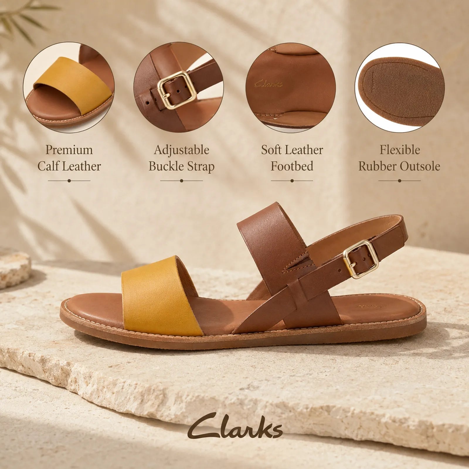 Women's yellow and brown leather flat sandals with adjustable buckle and tan sole