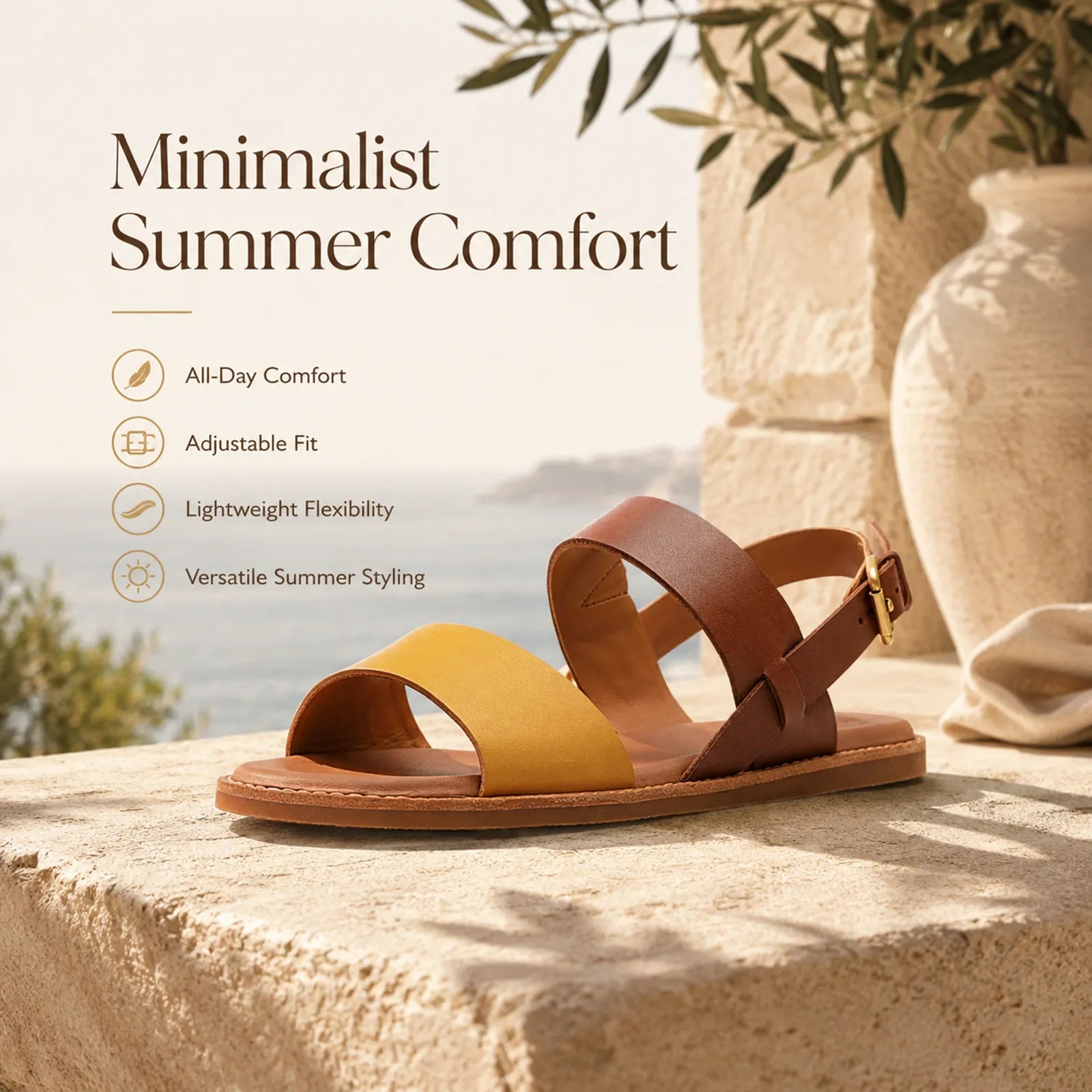 Women's mustard and brown flat sandals with adjustable buckle and tan rubber sole