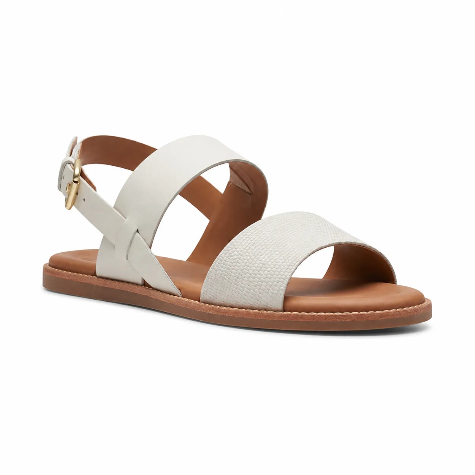 Women's strap sandals in white with adjustable buckle, open toe, tan sole