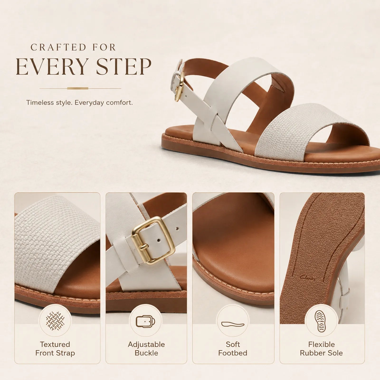 Women's white cross-strap sandals with textured upper, adjustable buckle, tan sole