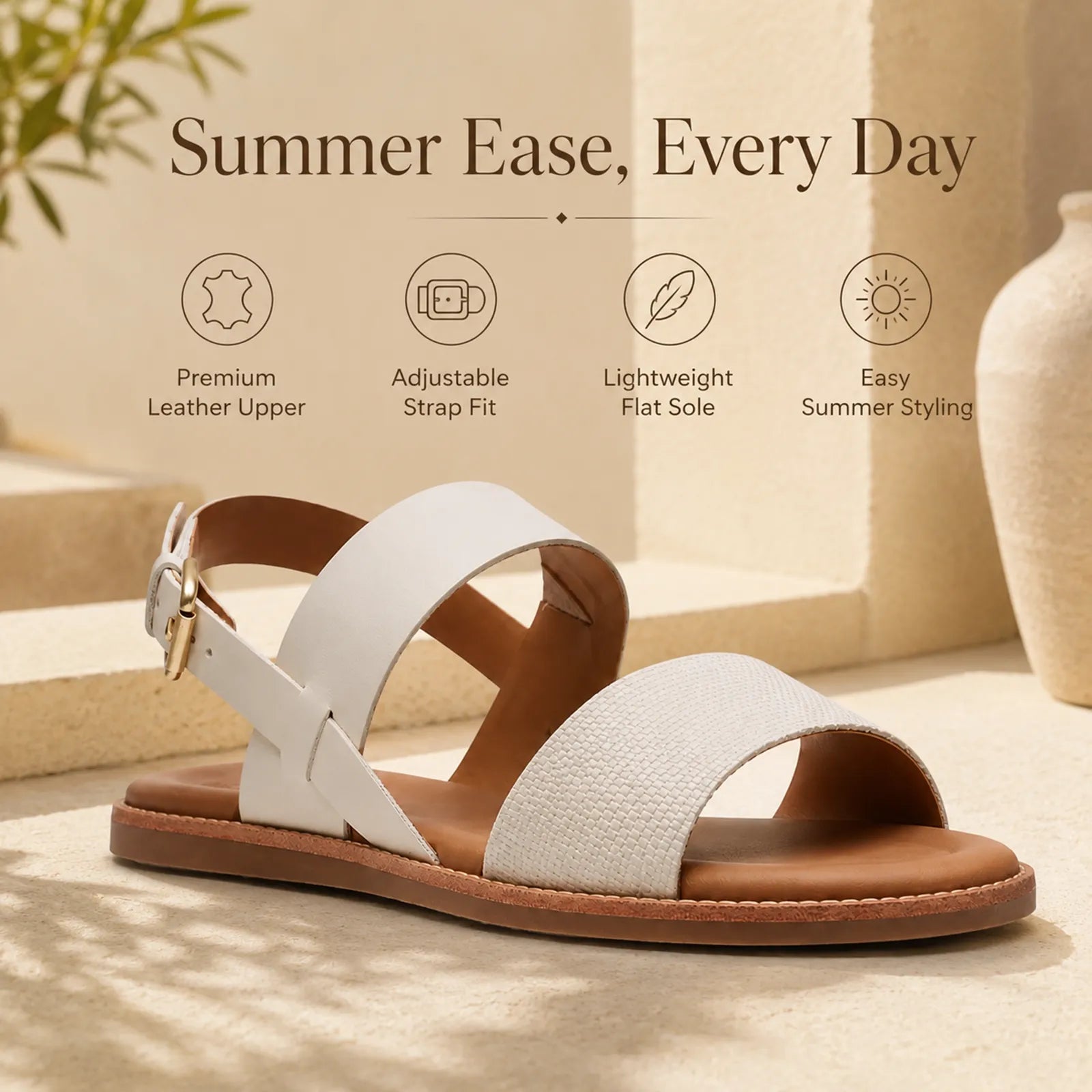 Women's white cross-strap sandals on flat sole with adjustable buckle