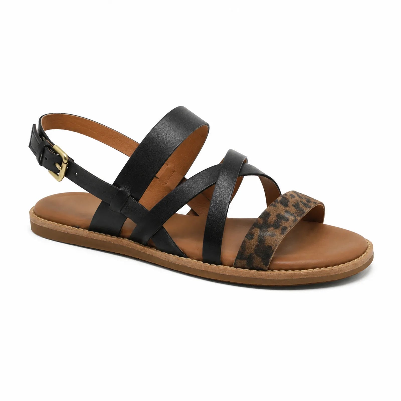 Women's black leather flat sandal with crisscross straps and adjustable buckle