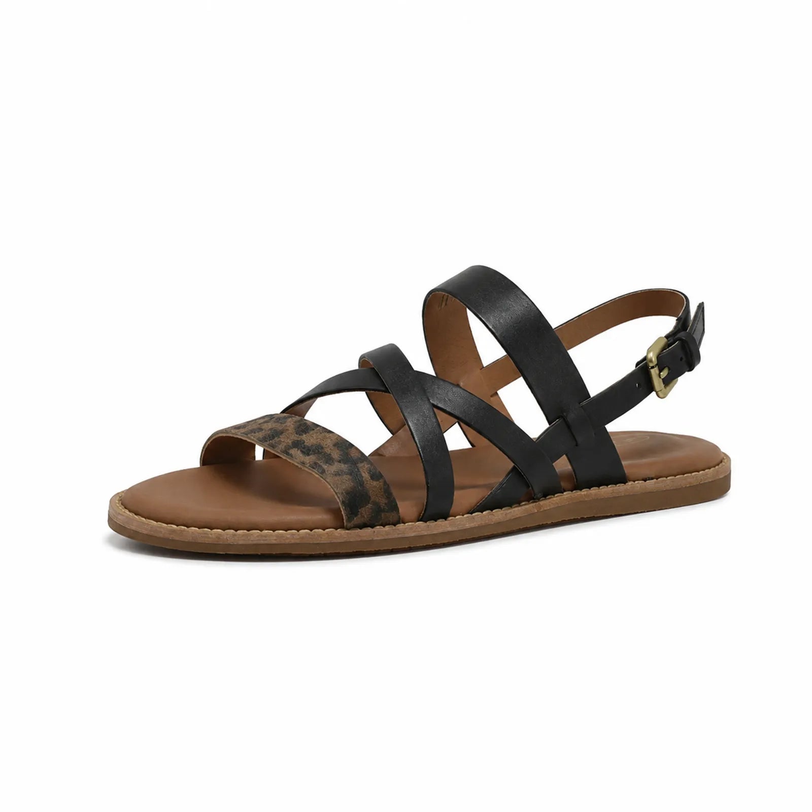 Women's black leather flat sandal with multi-strap crisscross design and adjustable buckle