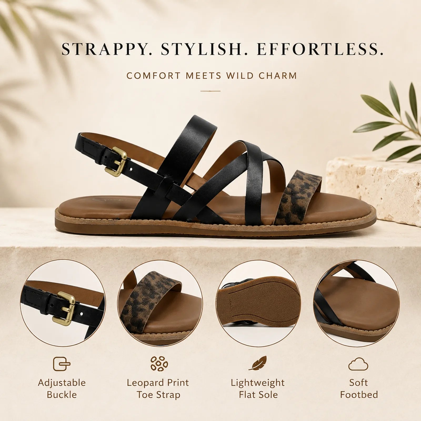 Women’s strappy leather sandal with black straps, leopard print toe strap, tan sole.