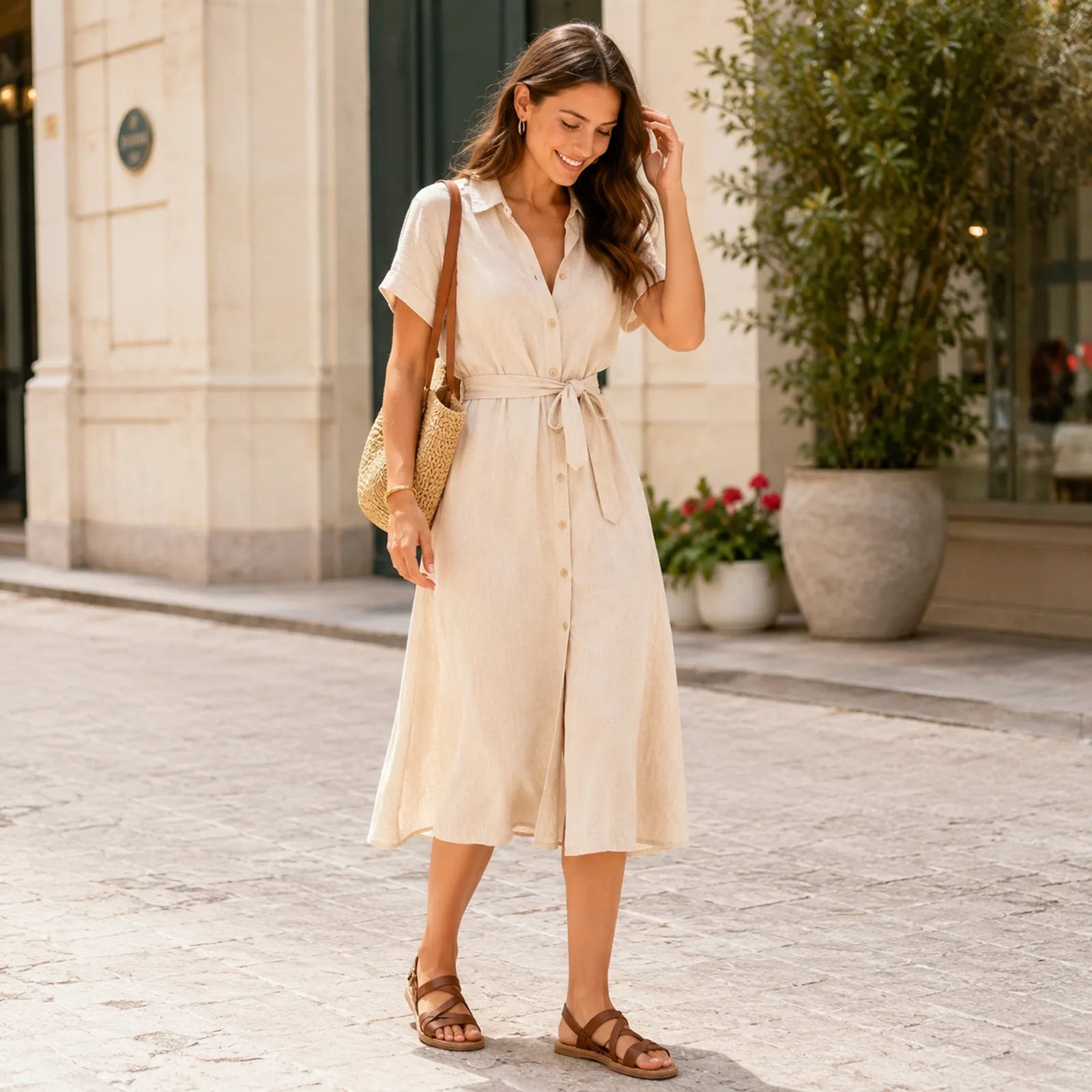 Women's tan leather flat sandal with crisscross straps and adjustable buckle