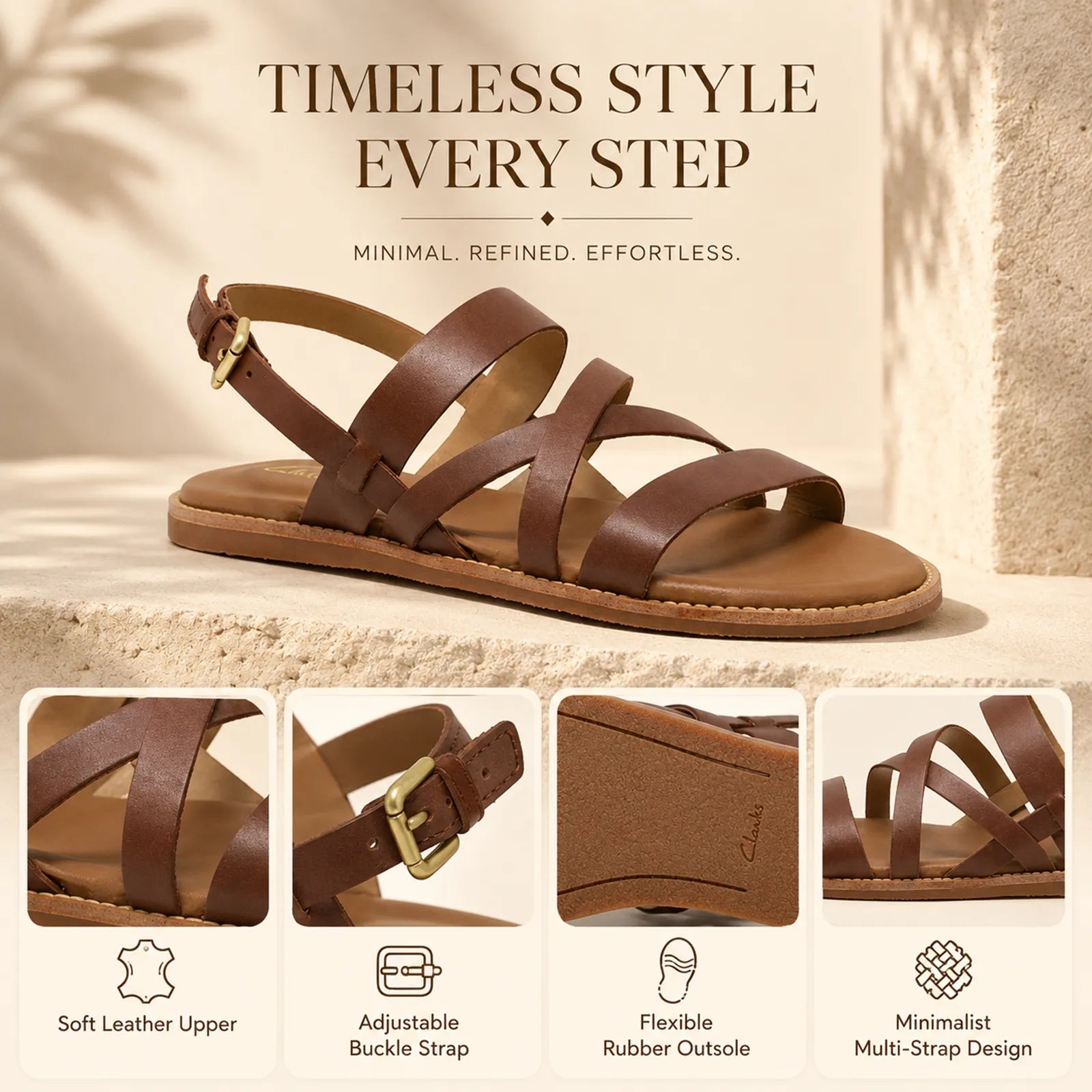Women's tan leather flat sandal with multi-strap crisscross design and gold buckle