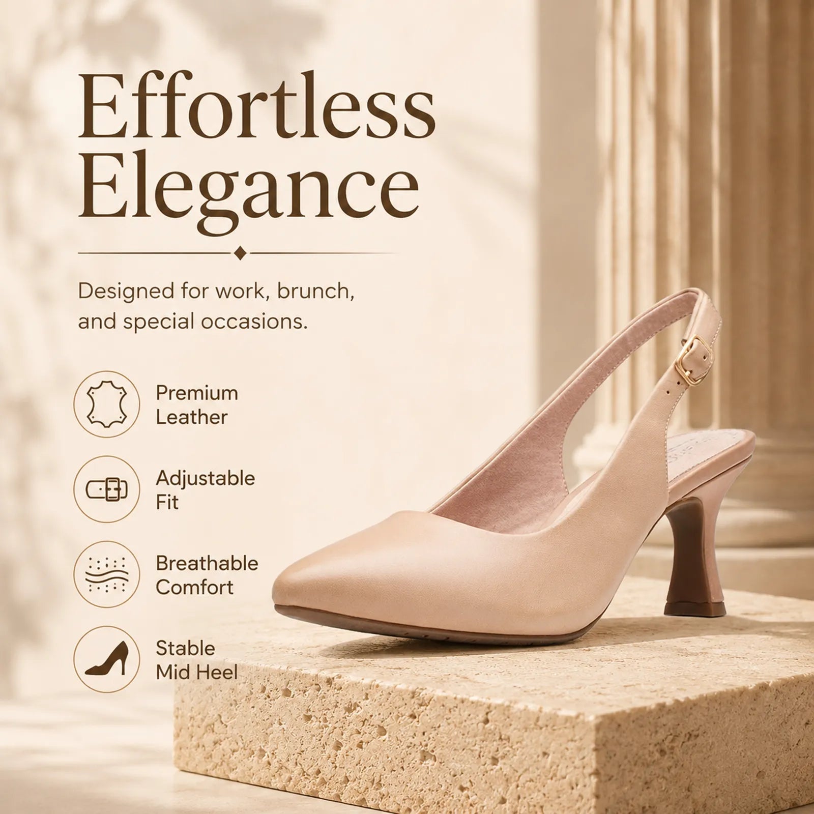 Beige leather slingback pump with adjustable ankle strap and mid block heel