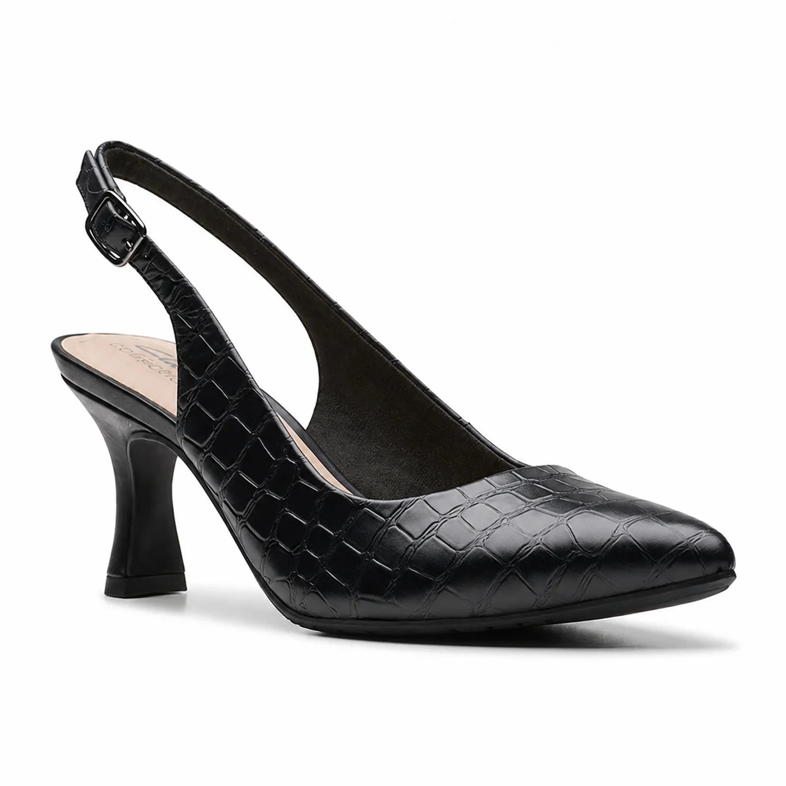 Black leather slingback dress shoes with crocodile-texture upper and mid heel