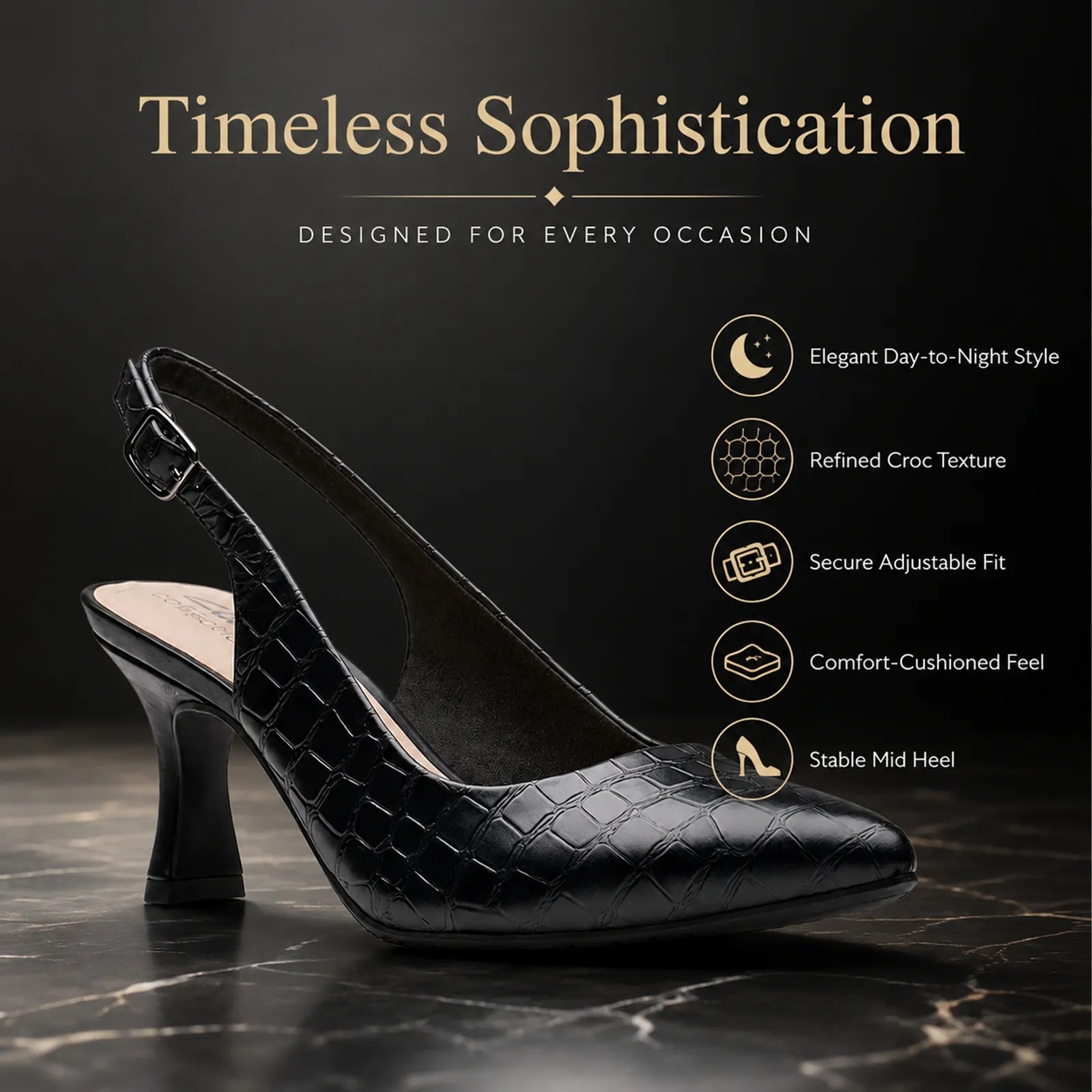 Women's black leather slingback pumps with croc-embossed upper and mid block heel