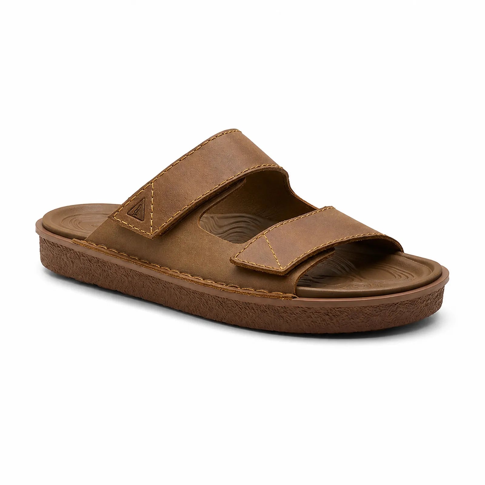 Men's khaki leather slide sandals with two adjustable straps