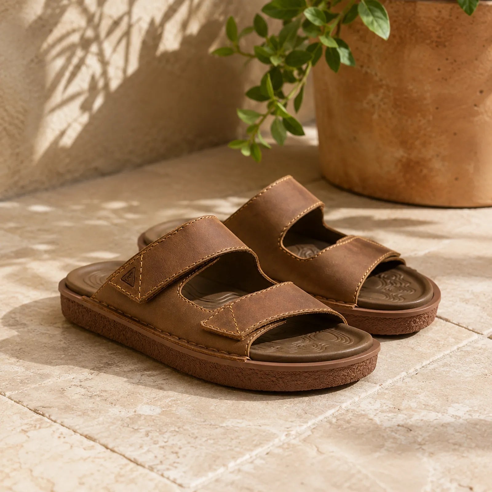 Men's khaki leather sandals with two V-style straps and open toe