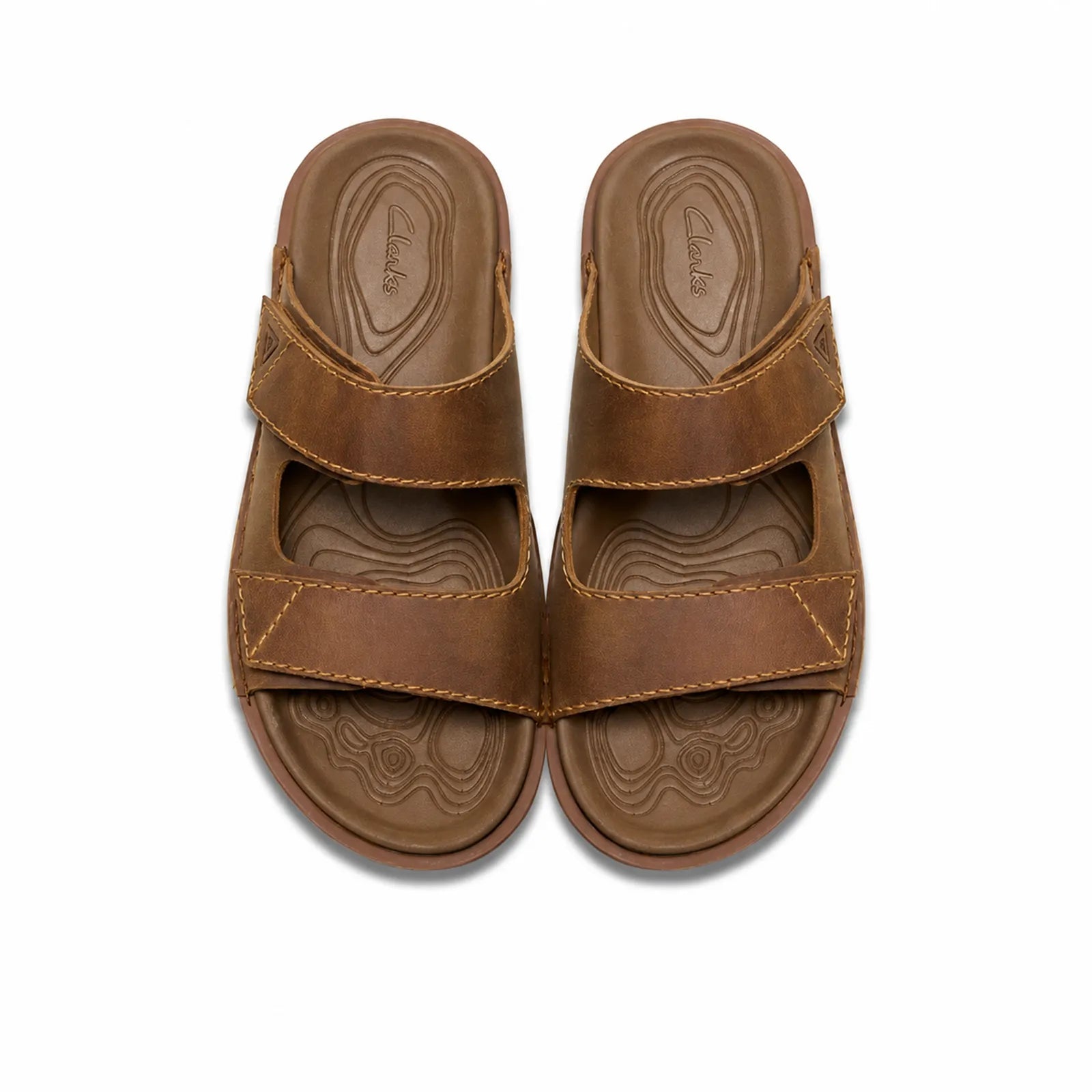 Pair of men's khaki leather sandals with two straps, top view